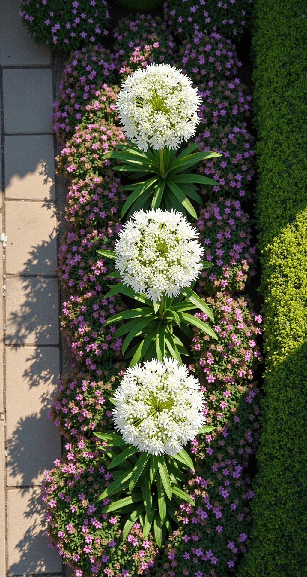 Overhead view of a formal cottage garden featuring geometric flower beds with white Mount Everest alliums, surrounded by purple salvias and coral geums, casting sharp shadows and showcasing the garden's architectural layout.