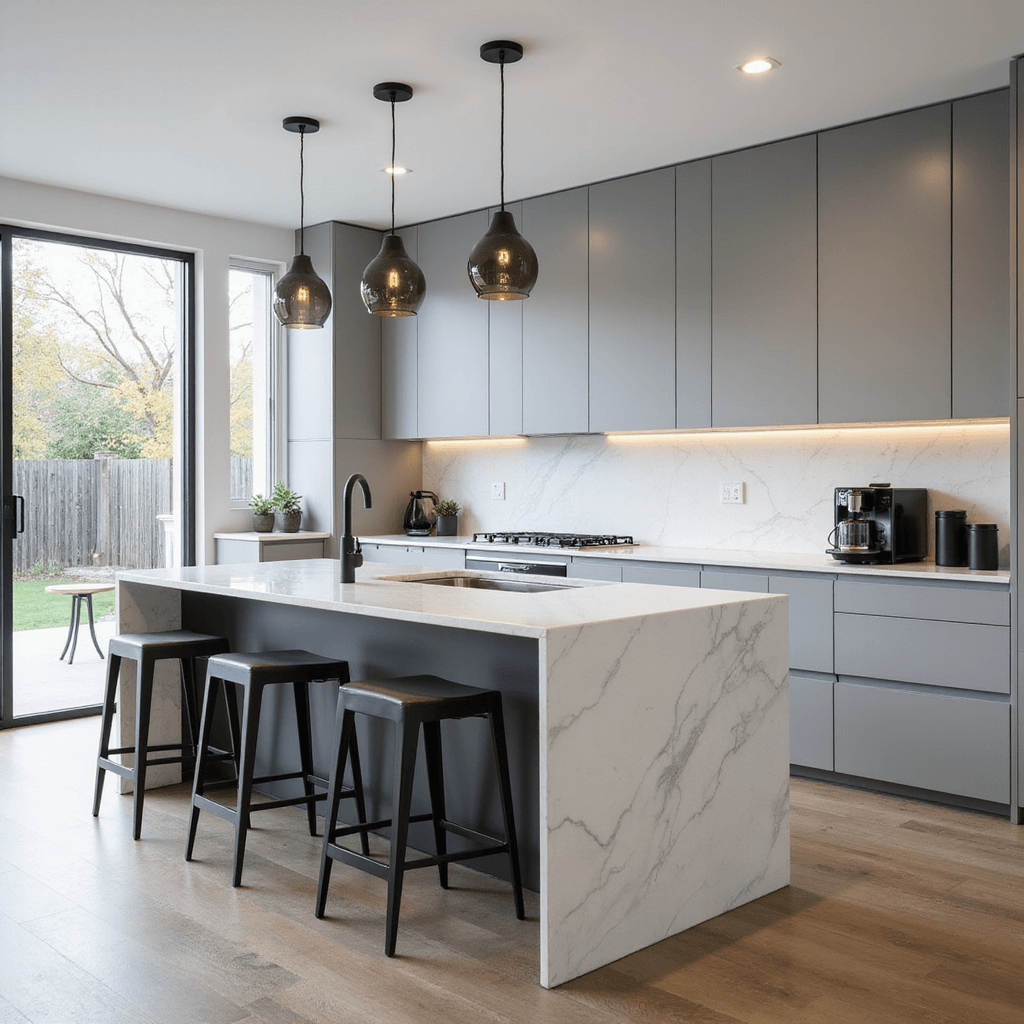 Modern minimalist kitchen with morning light streaming through floor-to-ceiling windows, highlighting a quartz waterfall breakfast bar, matte black bar stools, smoked glass pendant lights, and a curated arrangement of kitchen appliances and decor. Camera positioned at counter height from the living room perspective.