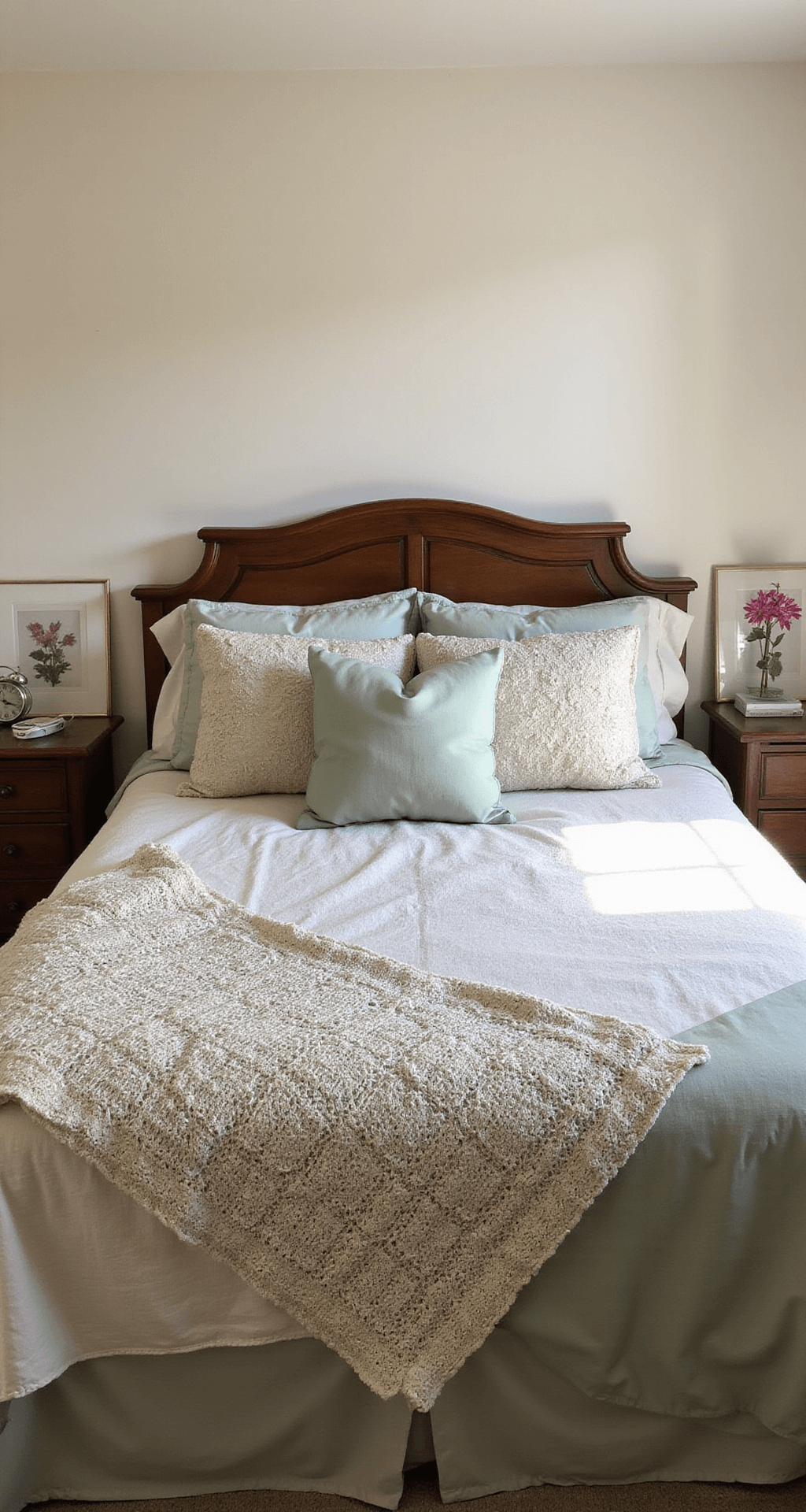 Granny Chic Bedroom: Creating a Cozy Nostalgic Sanctuary A cozy bedroom alcove featuring a restored wooden headboard against cream walls, adorned with a mix of modern linens and vintage quilts in sage and ivory, with a crocheted blanket draped over the foot of the bed. An antique alarm clock and framed pressed flowers decorate the bedside table, illuminated by soft natural light.