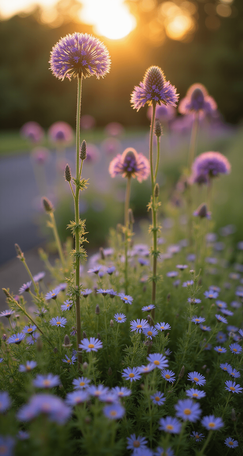 Close-up view of drumstick alliums with elongated purple heads above speedwell and lavender, bathed in warm golden light during late afternoon, highlighting textures against a naturalistic border.