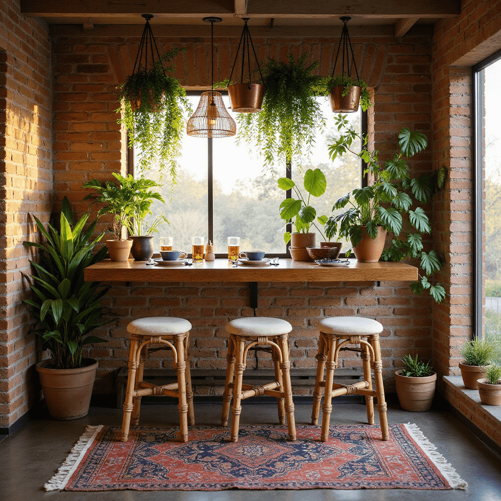 Boho-inspired breakfast nook featuring a reclaimed wood breakfast bar, rattan bar stools, cascading plants in copper planters, and layered vintage Moroccan runners, all illuminated by golden hour light.