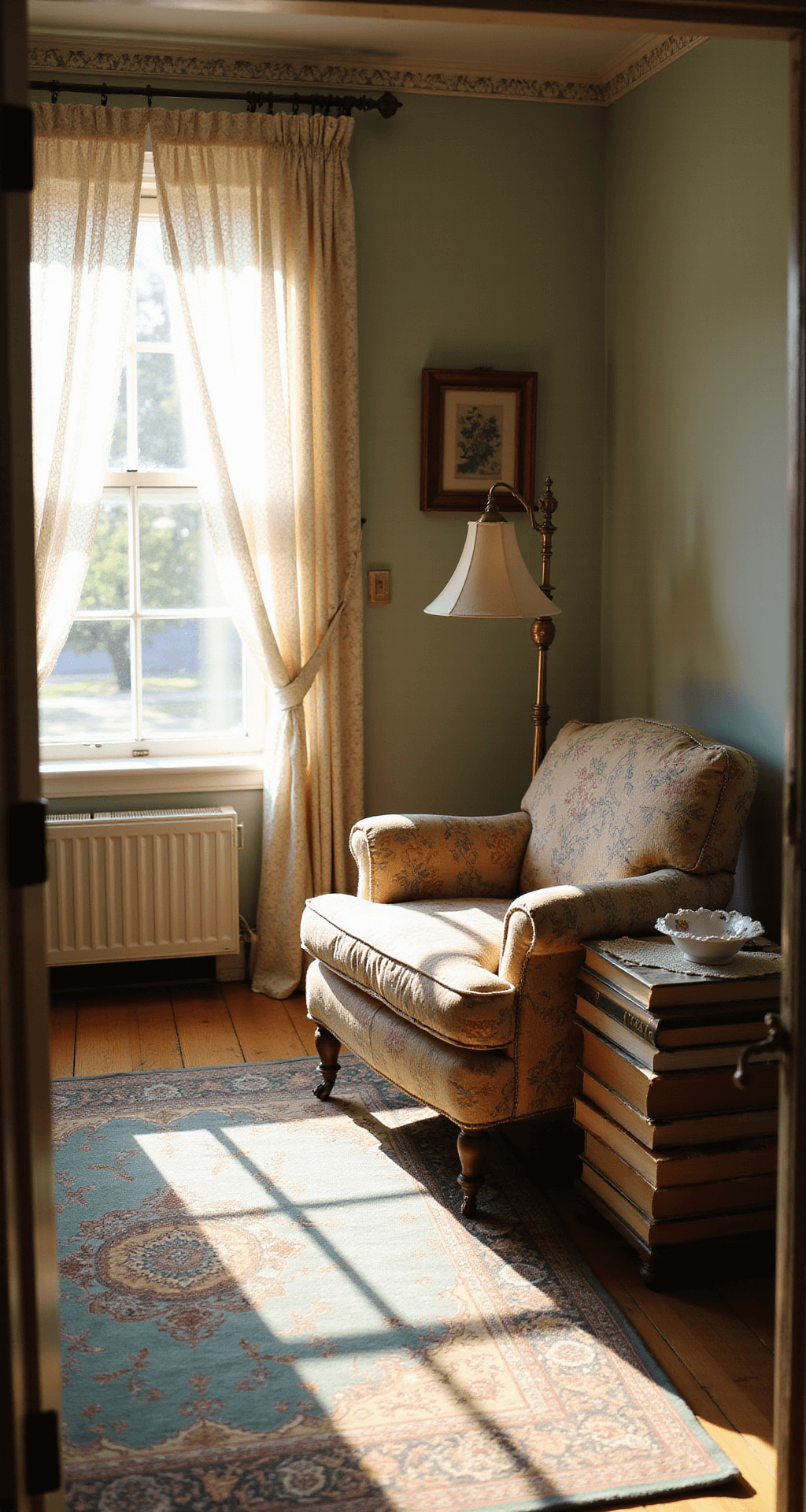 A warm, sunlit living room featuring vintage decor, including a floral armchair, brass floor lamp, and antique books as a side table, with soft lace curtains and a Persian rug highlighting the cozy atmosphere during golden hour.