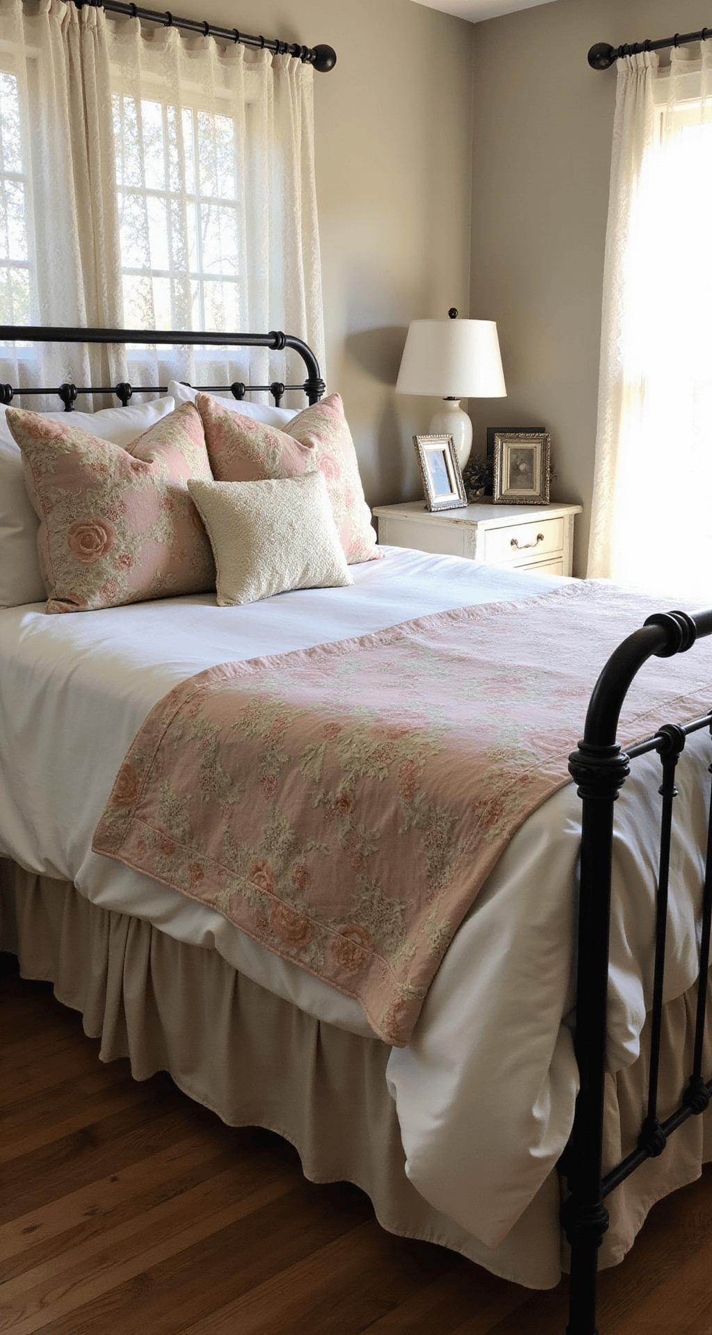 A cozy bedroom featuring an ornate iron bed with vintage linens in dusty pink and white, bathed in morning light filtering through sheer lace curtains, with a distressed nightstand holding a milk glass lamp and silver frames, captured from an elevated angle to highlight the bedding textures.