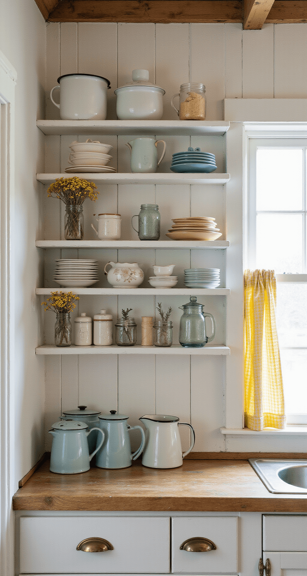 Charming cottage kitchen with white beadboard walls and exposed wooden shelving, filled with mismatched pastel china and mason jars of dried flowers, illuminated by early afternoon light through yellow gingham cafe curtains.