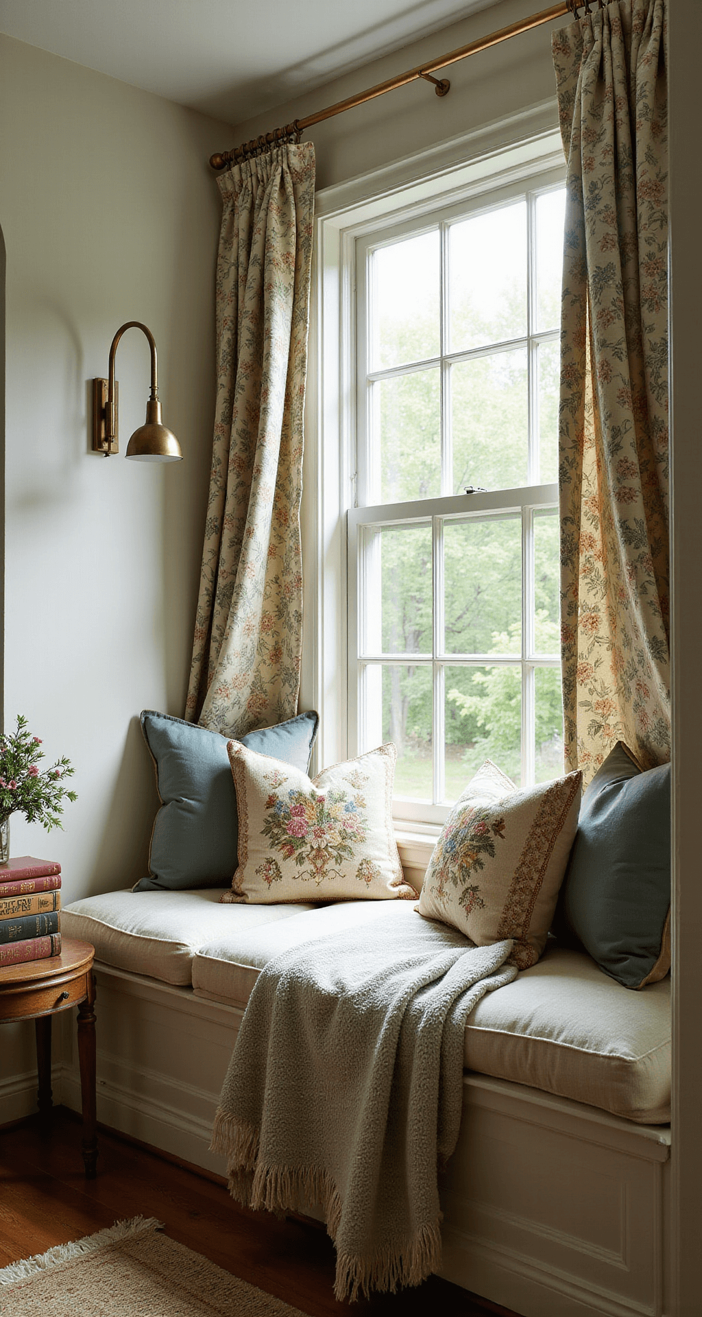 A cozy reading nook with a bay window and built-in seating, adorned with handmade quilts and floral pillows, while afternoon light streams through botanical curtains. A brass wall sconce illuminates a weathered oak side table with vintage books.