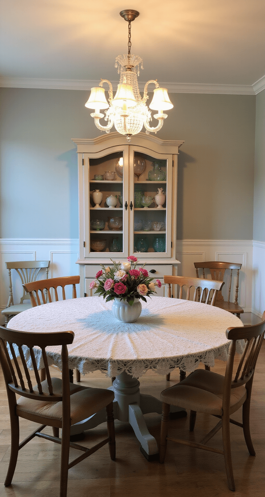Welcoming dining room featuring wainscoting, crystal chandelier, and a round pedestal table with a vintage lace tablecloth, surrounded by mismatched pastel-painted chairs. A china cabinet displays depression glass in soft pinks and greens, captured in natural light with an emphasis on the table setting and overhead lighting from a low camera angle.