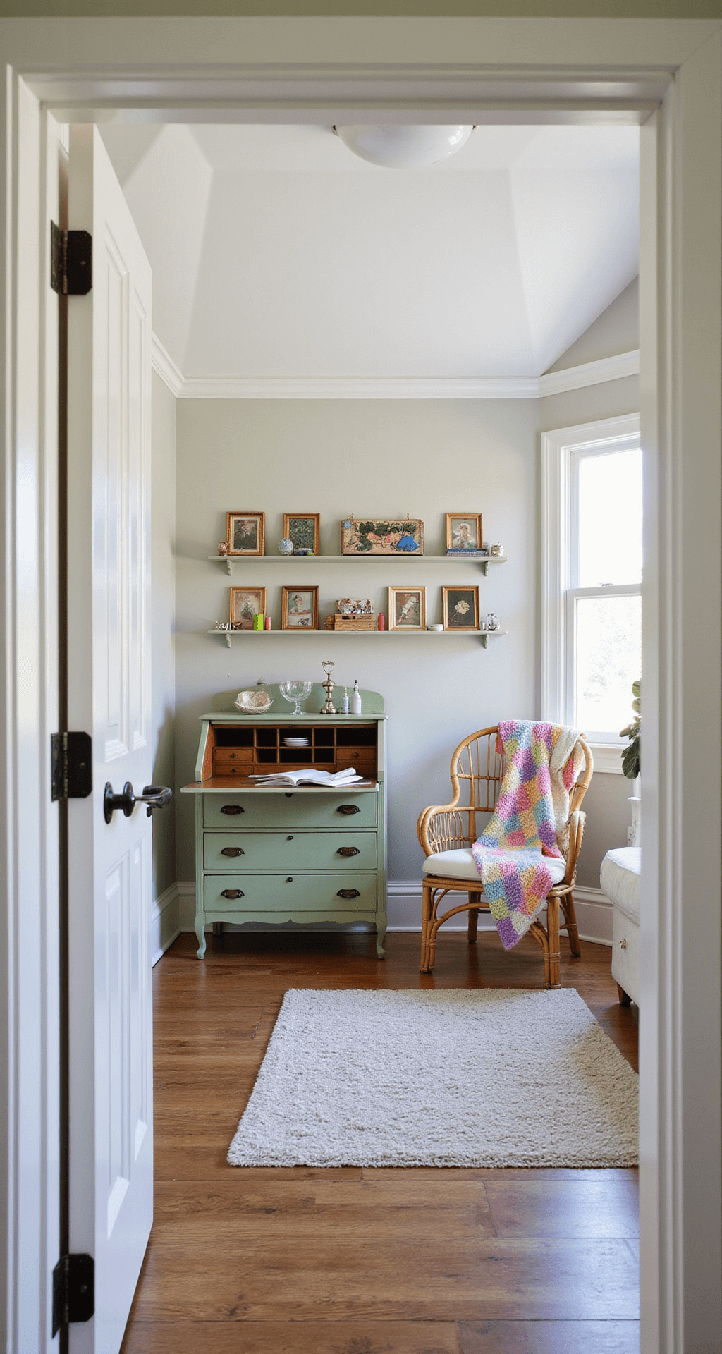 A serene craft room featuring dormer windows and painted floorboards, showcasing an antique sage green secretary desk filled with sewing notions, wall-mounted shelves displaying vintage thread spools in rainbow colors, a rattan peacock chair adorned with a pastel handmade afghan, captured with natural light from the doorway.