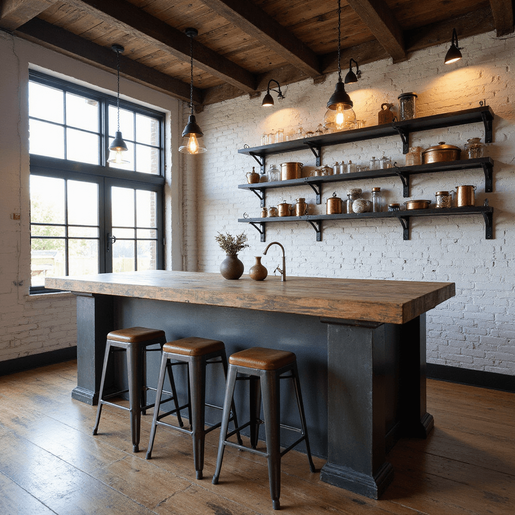 Industrial chic kitchen with an 8' blackened steel breakfast bar, distressed wood top, factory-style windows, and an exposed beam ceiling featuring vintage pulleys as pendant lights. Gunmetal Toledo-style stools with leather seats, whitewashed brick backdrop with black steel open shelving, and copper cookware under morning light creating dramatic shadows.