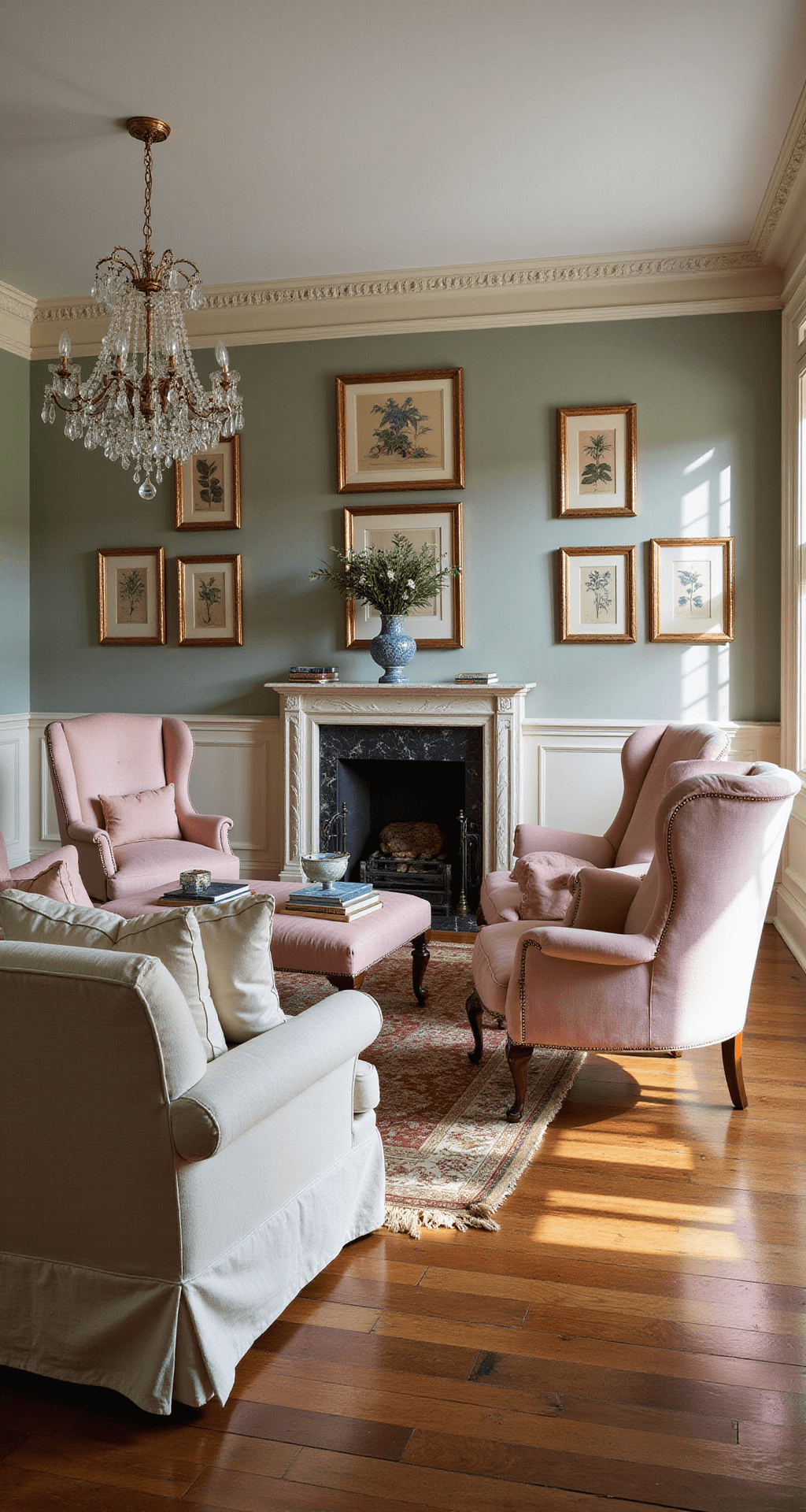 Elegant formal parlor featuring original hardwood floors, a large slipcovered sofa in natural linen, Victorian velvet chairs in faded rose, a gallery wall of vintage botanical prints above a marble fireplace, and a vintage chandelier emitting rainbow reflections, all bathed in dramatic afternoon light.