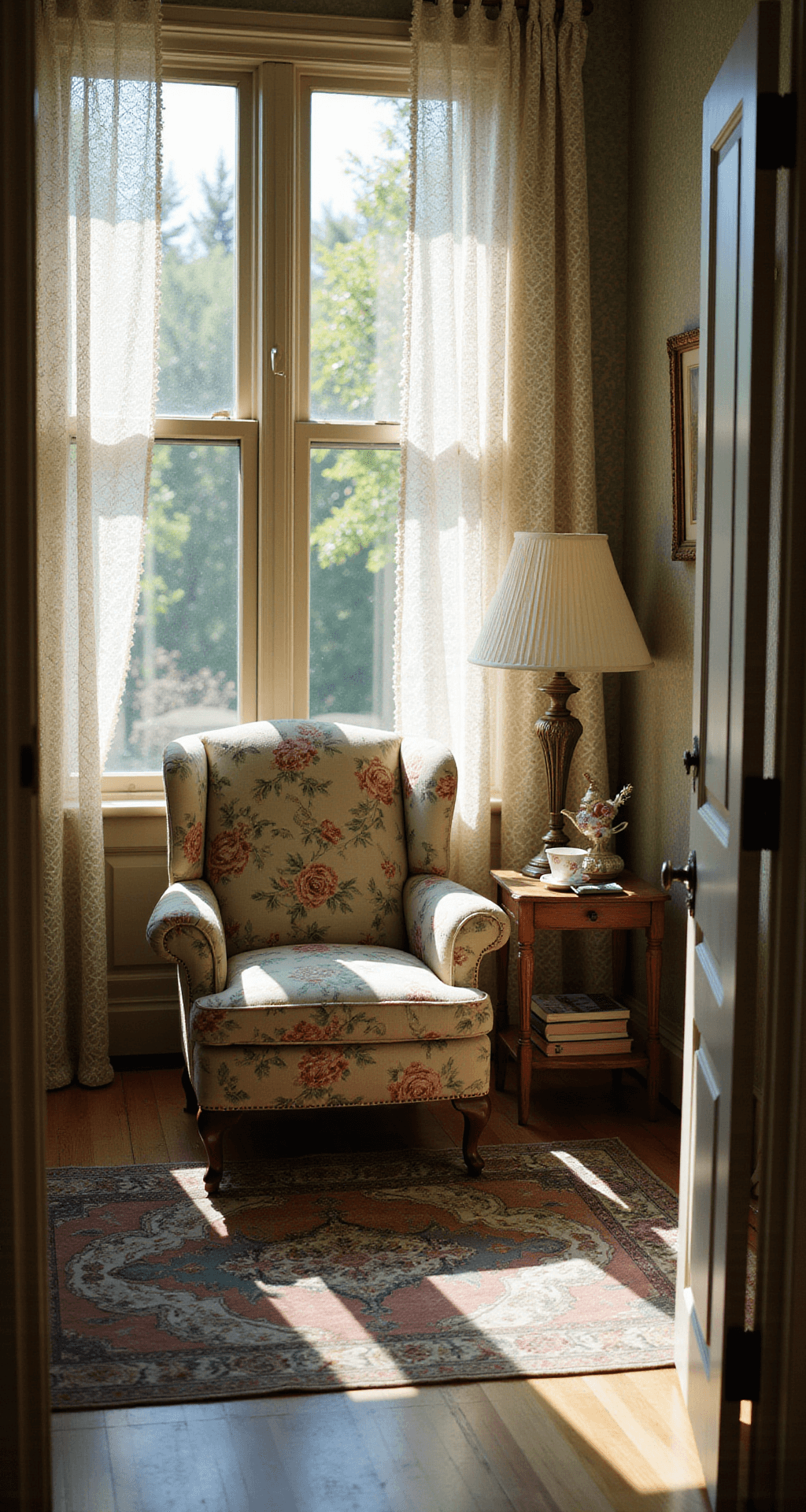 A sunlit living room with a rose-patterned wingback chair, brass floor lamp, and Persian rug, featuring vintage decor and ornate wallpaper, captured from a low angle.