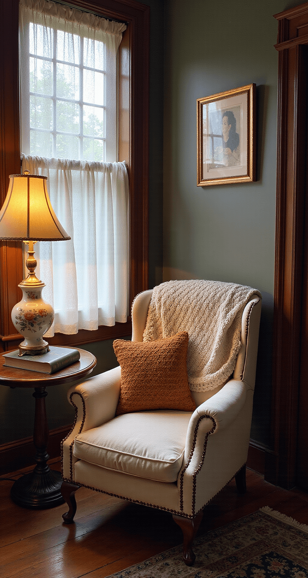 A cozy Victorian-style reading nook featuring an oversized cream armchair draped with a colorful hand-knitted afghan, surrounded by built-in shelves and illuminated by soft morning light filtering through sheer curtains. A brass-rimmed side table with vintage books and a porcelain lamp adds charm against deep jewel-toned walls.