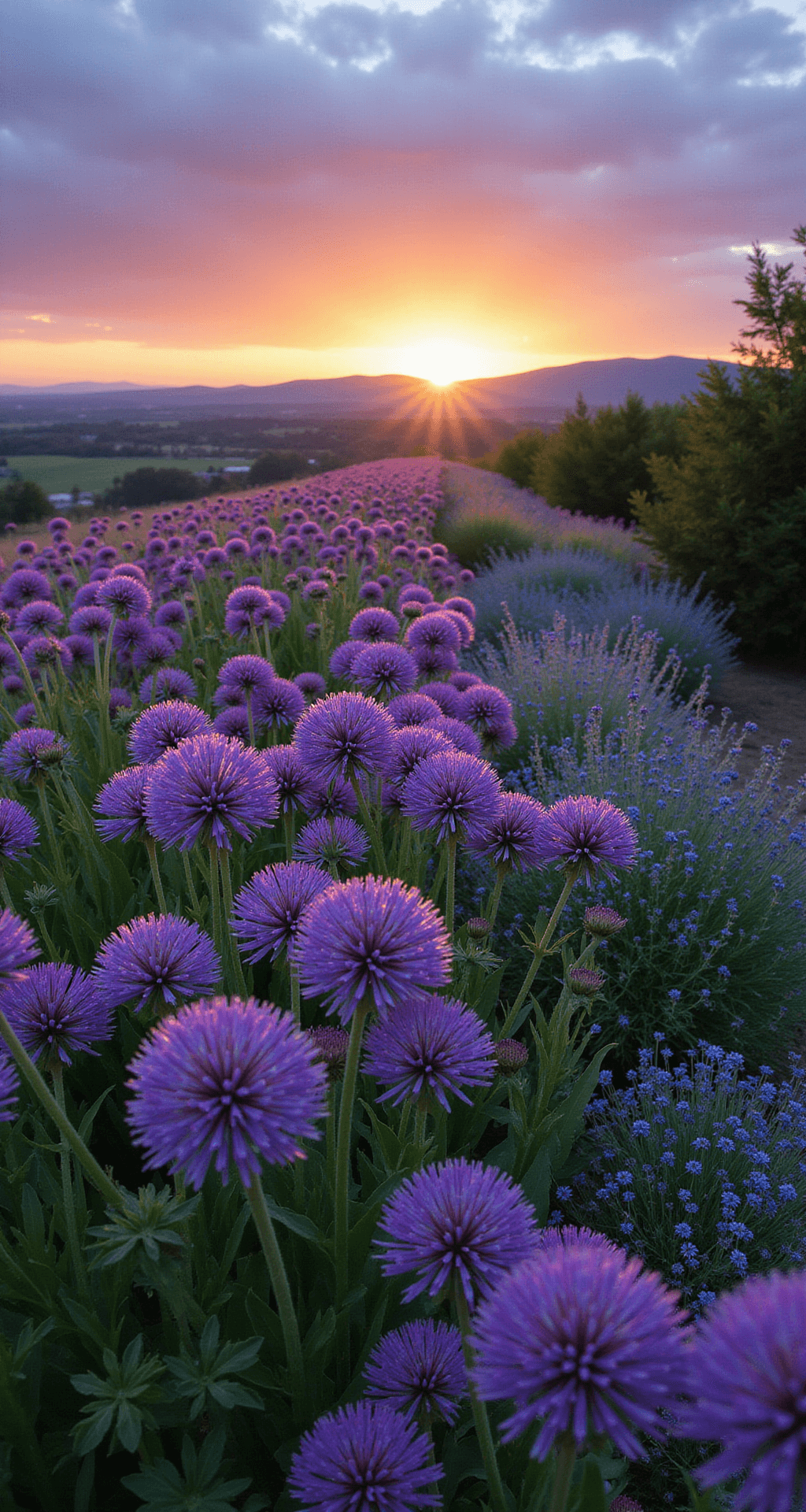 Wide panoramic view of a sunset-lit back border featuring layers of alliums glowing like purple lanterns, with calamintha creating a silver mist at their base, captured with a 24mm wide angle lens.
