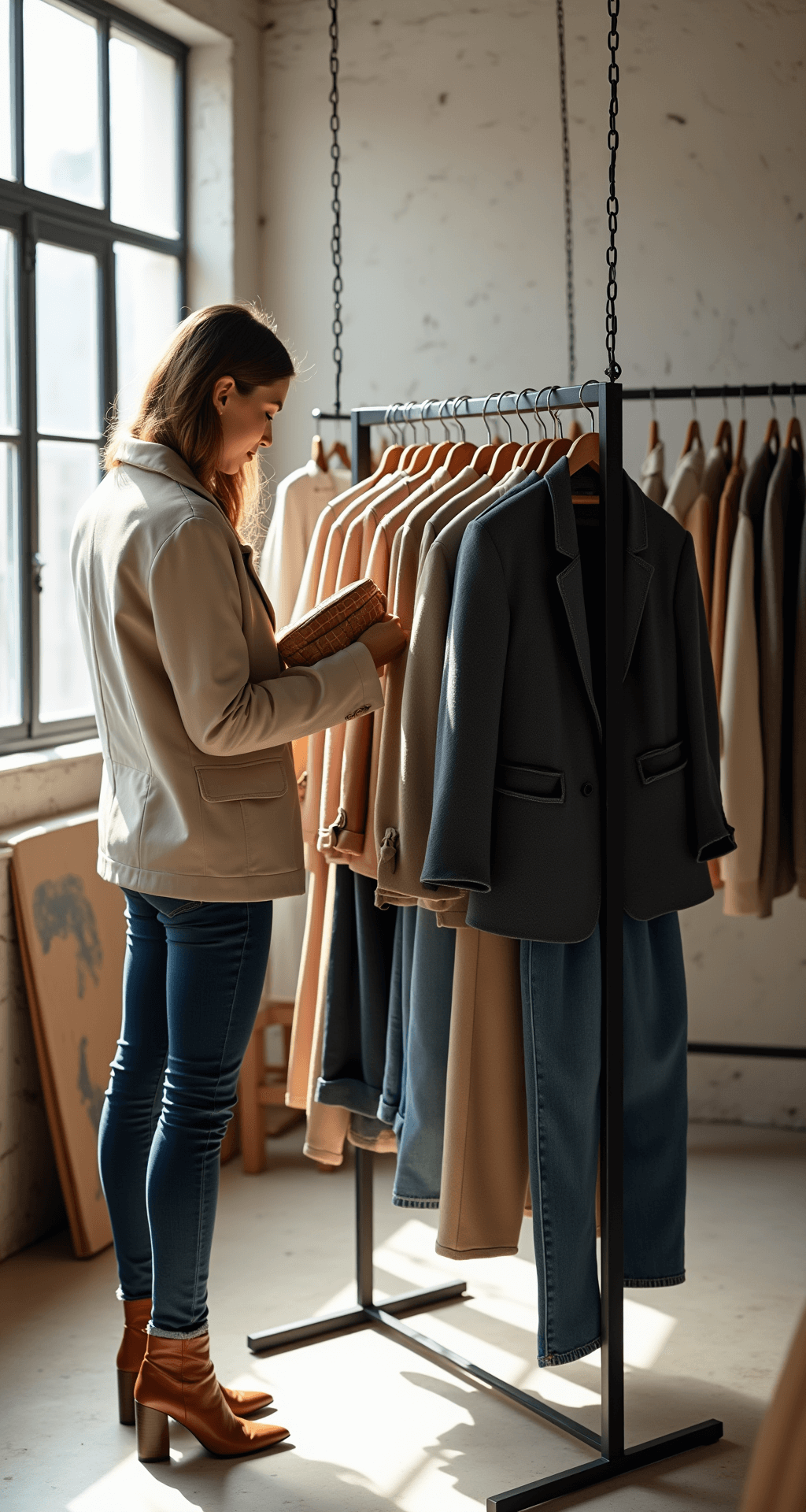 A fashion stylist arranges a capsule collection in a light-filled studio, showcasing oversized blazers, fitted turtlenecks, premium denim, and leather accessories on minimal racks, with natural light highlighting the neutral color palette and quality materials.