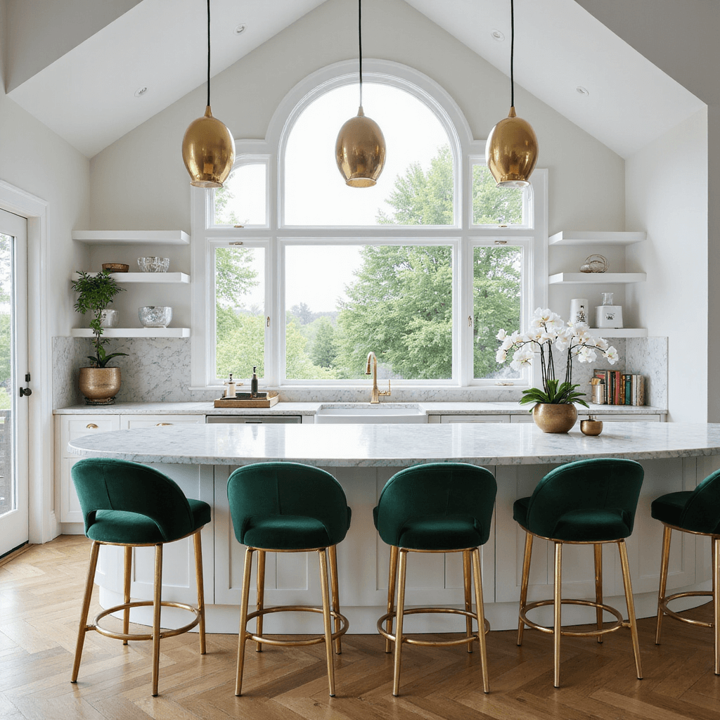 A sunlit contemporary kitchen with vaulted ceilings, featuring a curved 9' Calacatta marble breakfast bar, four emerald green velvet-upholstered brass bar stools, and an oversized arched window. Brass geometric pendant lights and white oak herringbone floors add warmth, while white orchids and artistic coffee table books provide stylish decor.