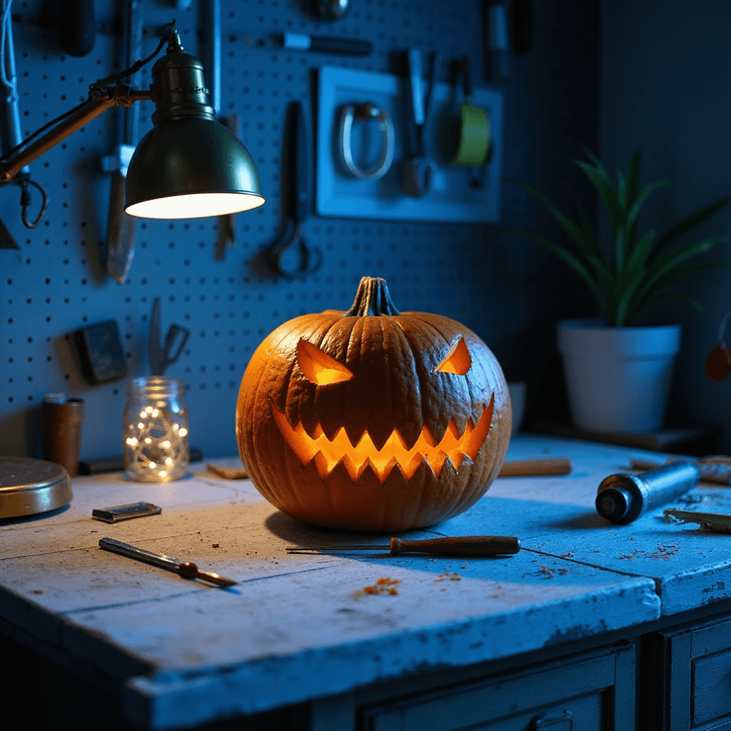 Close-up shot of a dimly lit craft room with a large pumpkin on a distressed white wooden table, showcasing carved teeth casting shadows under a vintage brass desk lamp. Surrounding carving tools and a pegboard wall of organized tools create an artistic atmosphere, while LED string lights in a mason jar add a whimsical touch. The cool blue lighting enhances the eerie effect.