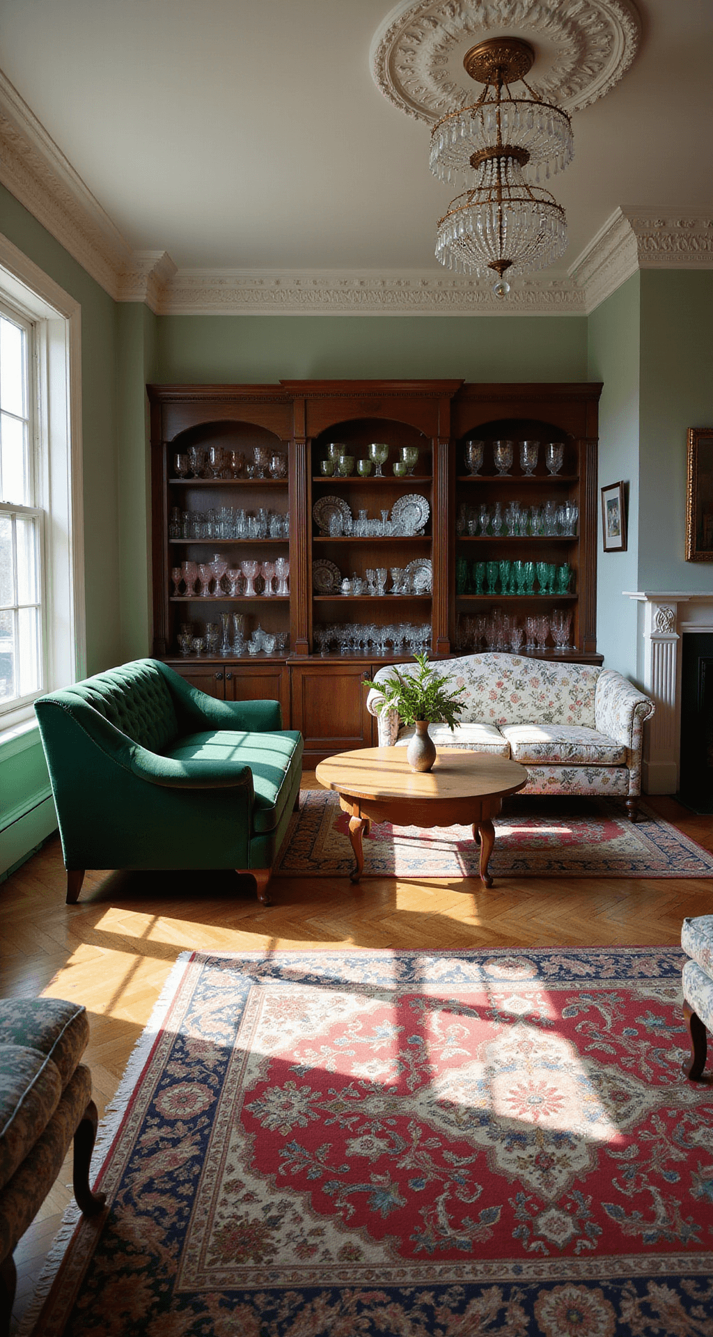 An expansive living space features original crown molding and herringbone hardwood floors, illuminated by mid-morning light casting dramatic shadows. The centerpiece showcases mismatched vintage sofas, including a velvet emerald green chesterfield and a floral chintz loveseat. A crystal chandelier creates prismatic patterns, while collected Depression glass pieces in pink and green catch the light on mahogany shelves. The elevated shot highlights layered rugs and strategic furniture groupings, with the camera set at f/5.6 to emphasize texture and pattern interplay.