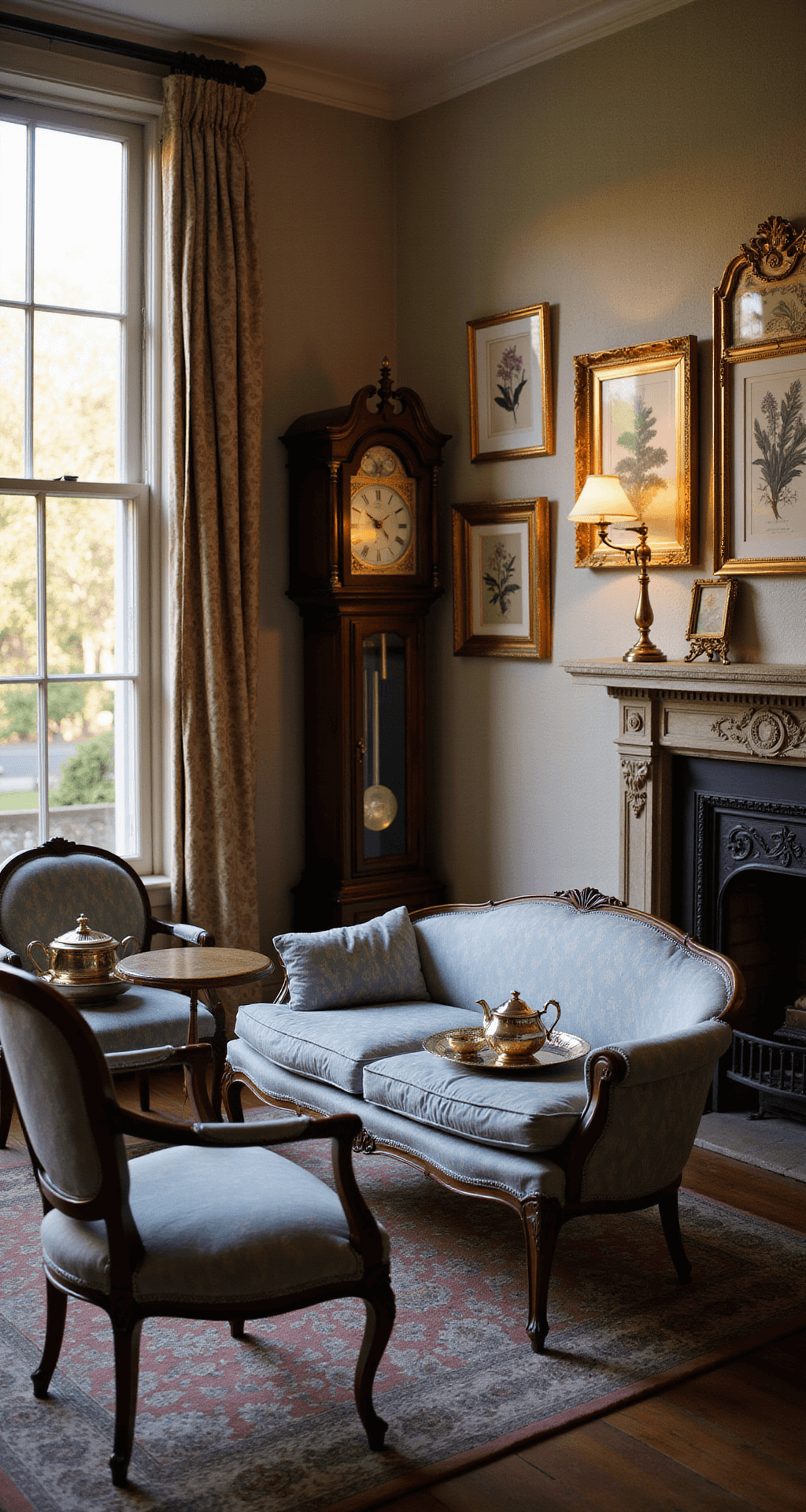 A cozy sitting room with floor-to-ceiling windows and an original fireplace, illuminated by golden hour light. The space features a grandfather clock in dark walnut, a gallery wall of vintage botanical prints in ornate frames, and a curved-back settee in powder blue damask facing matching armchairs around a tea table with silver service, all set against silk damask wallpaper. The image emphasizes a symmetrical arrangement in a romantic mood.