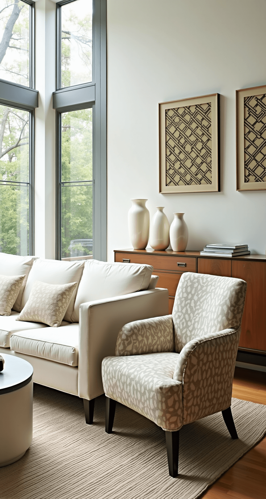 Bright contemporary living space featuring a white sofa and reupholstered bergère chairs with geometric patterns, illuminated by midday sunlight through steel-framed windows; vintage quilts adorn the wall above a modern credenza, with milk glass vases creating striking silhouettes, all captured in a clean documentary style.