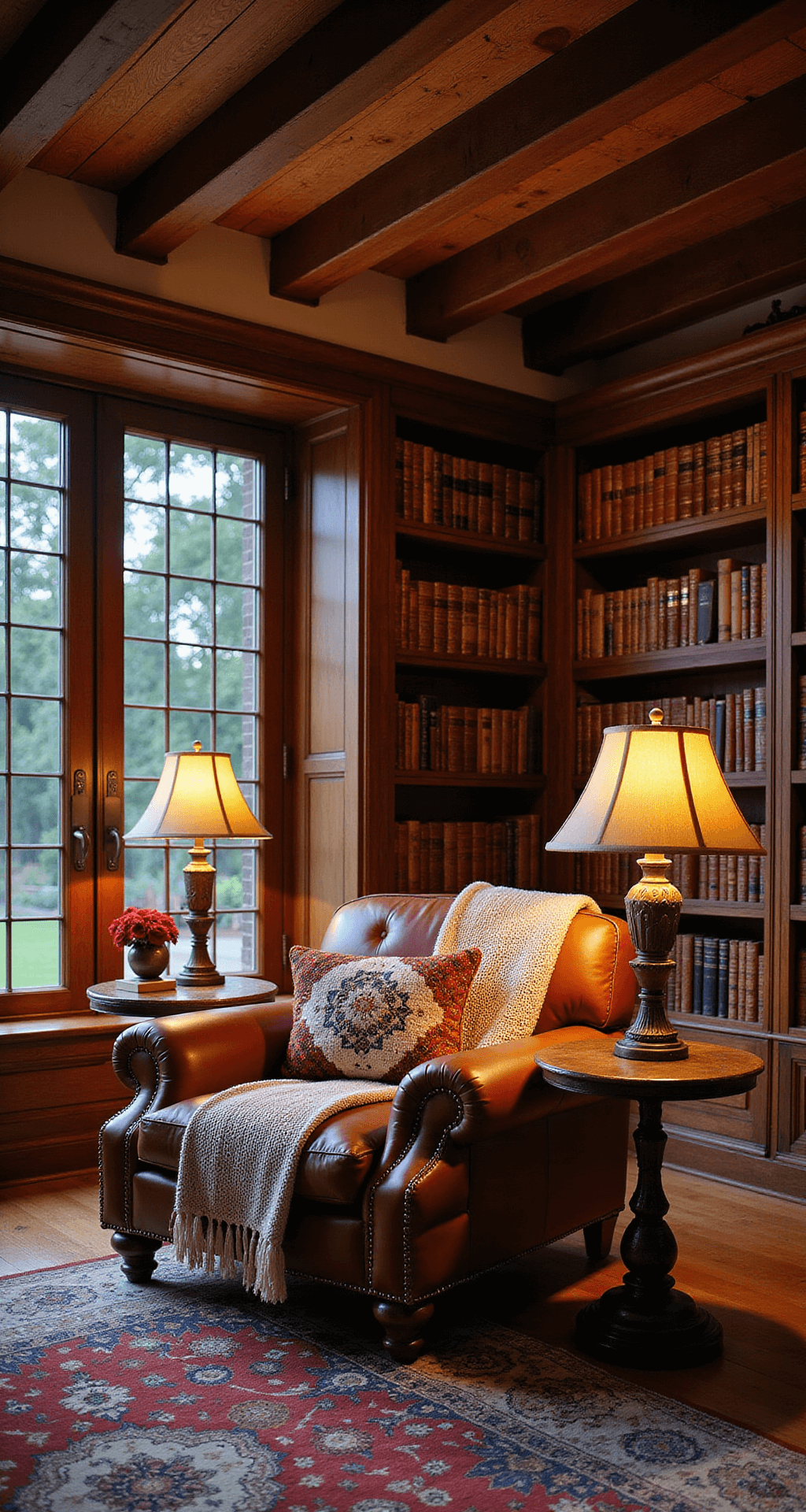 Cozy den at dusk with exposed wooden beams, featuring an oversized leather chair, crocheted throws, and needlepoint pillows. Floor-to-ceiling bookshelves display leather-bound books and family heirlooms, while antique copper and brass accessories reflect warm light from table lamps. The scene captures a lived-in, comfortable atmosphere.