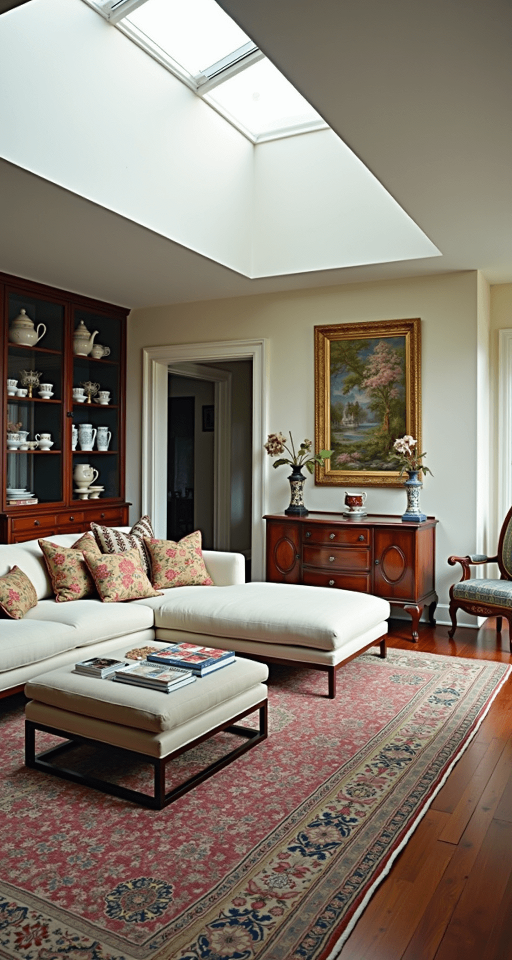 A spacious open-concept great room with archival displays features natural light from a skylight, highlighting a modern sectional sofa adorned with vintage needlepoint pillows, while glass-front cabinets showcase a curated collection of antique teacups and crystal, all set against layered vintage Persian runners over sisal carpeting.
