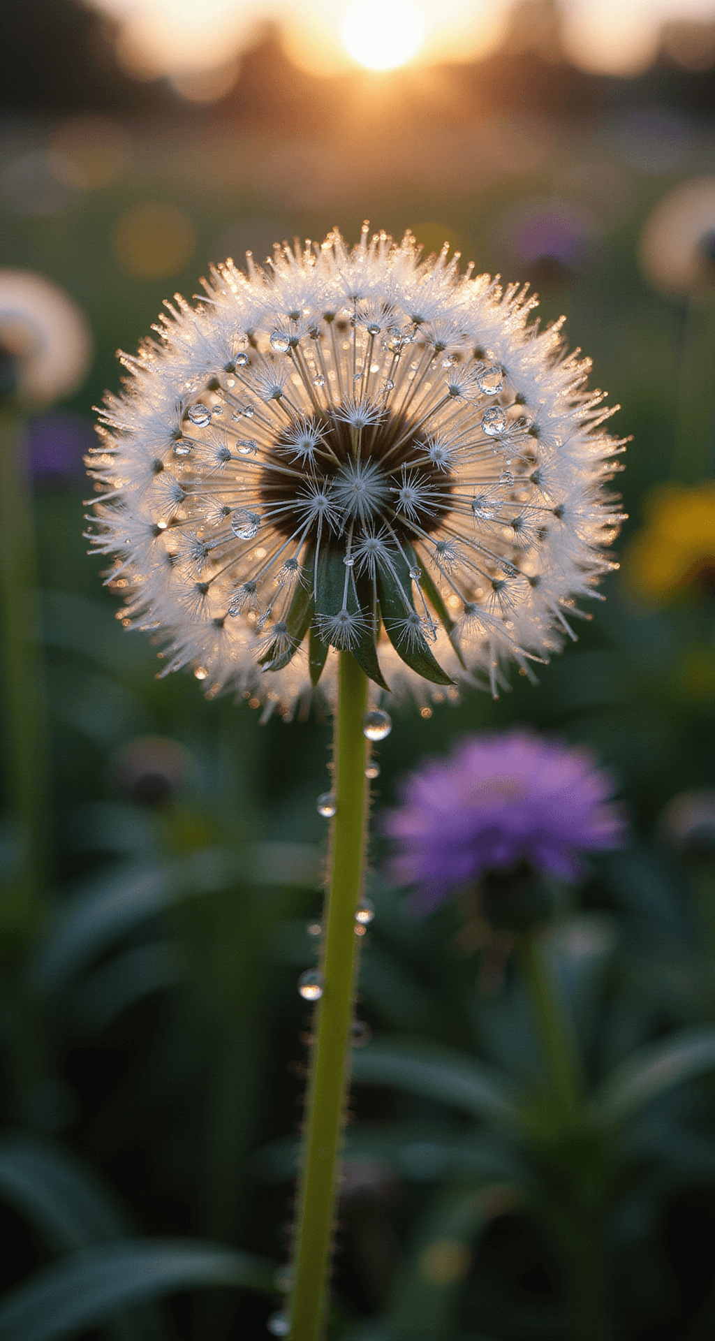 Macro shot of a single allium head covered in morning dew, with water droplets reflecting light like tiny prisms, while the background features a soft blur of colorful garden elements.