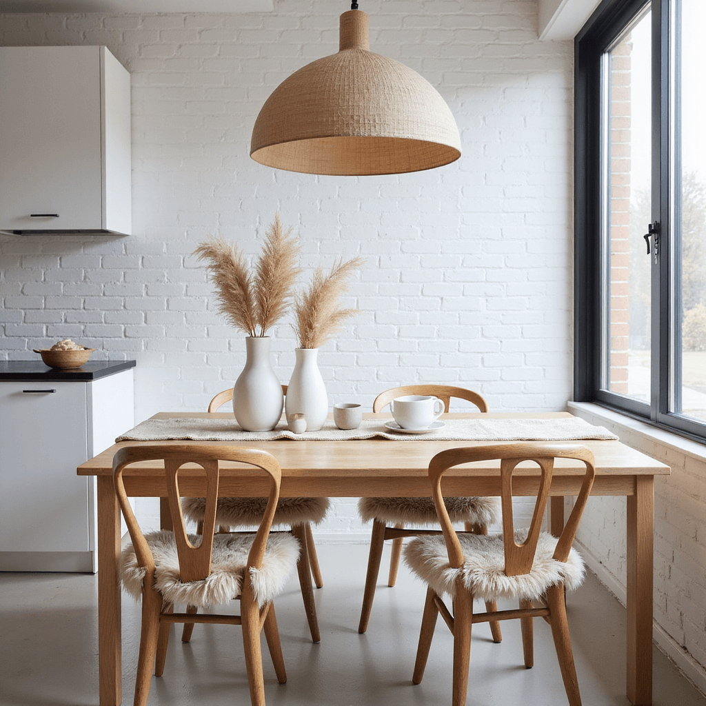 A cozy Scandinavian-inspired breakfast nook in a small kitchen, featuring a pale oak breakfast bar and three wishbone chairs draped with sheepskin. An oversized paper pendant lamp lights the space softly, complemented by minimalist decor including white ceramic vases with dried pampas grass and a linen table runner. A large window allows ethereal morning light to fill the area, creating a warm and inviting atmosphere.