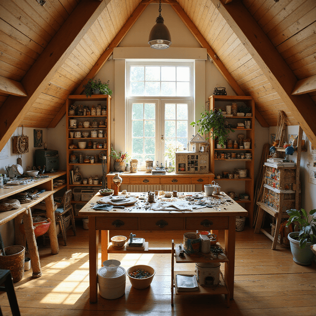 A sunlit attic craft room with sloped ceilings and exposed beams, showcasing a sturdy wooden workbench filled with dollhouse components, colorful fabric scraps, and upcycled materials, illuminated by golden light streaming through a large dormer window, featuring a half-finished dollhouse on a side table and warm natural colors throughout.