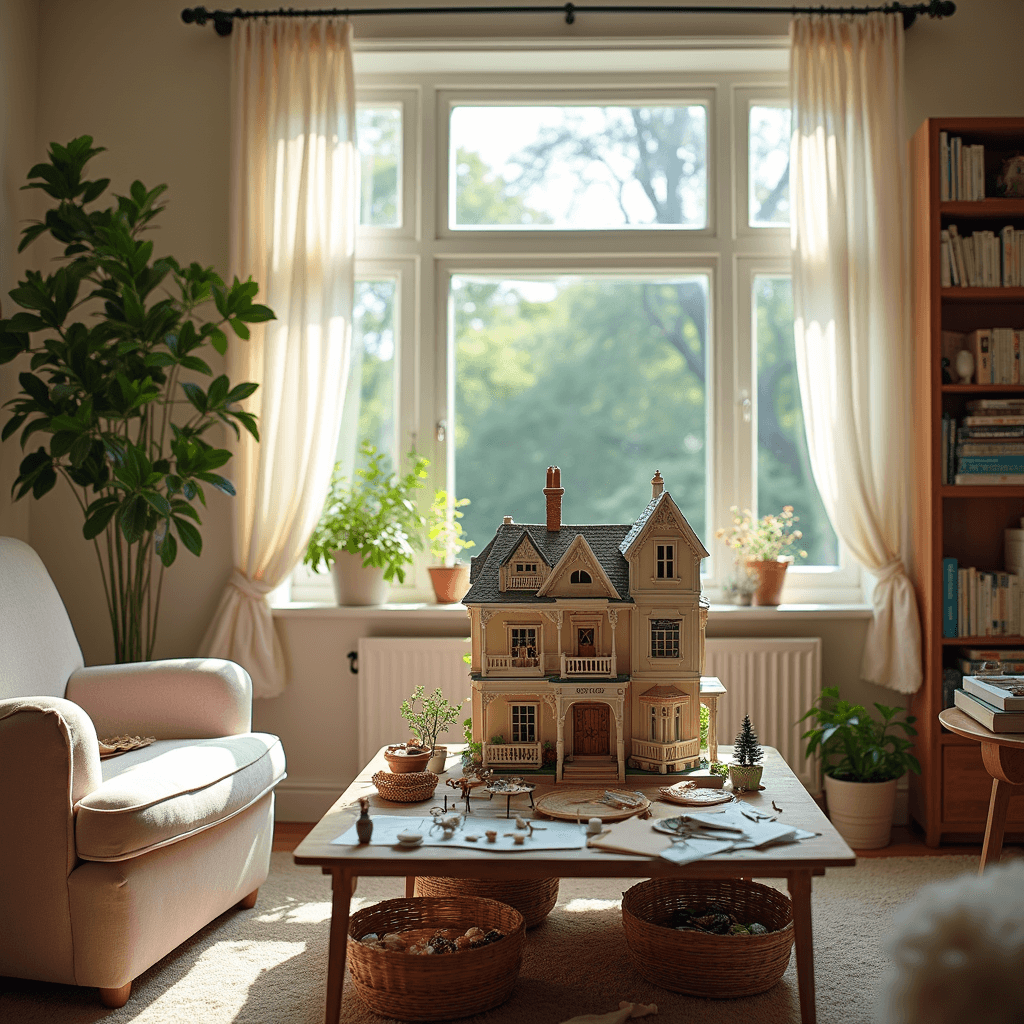 A cozy corner of a living room featuring a bay window with sheer curtains, early morning light illuminating a plush armchair facing a low coffee table with an ornate Victorian dollhouse renovation in progress, surrounded by tiny furniture and craft supplies, all in a soft palette of blush pink, sage green, and cream.