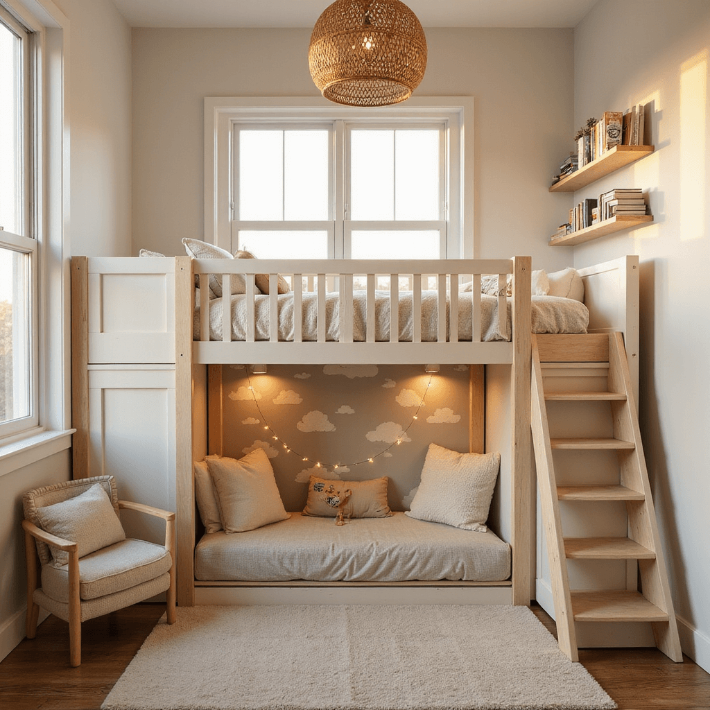 A cozy toddler bedroom with soft cream walls and a cloud wallpaper accent wall, featuring a natural wood loft bed with white railings, a reading nook adorned with twinkle lights, and playful floating shelves displaying books and toys, beautifully lit by golden hour sunlight and a rattan pendant lamp.