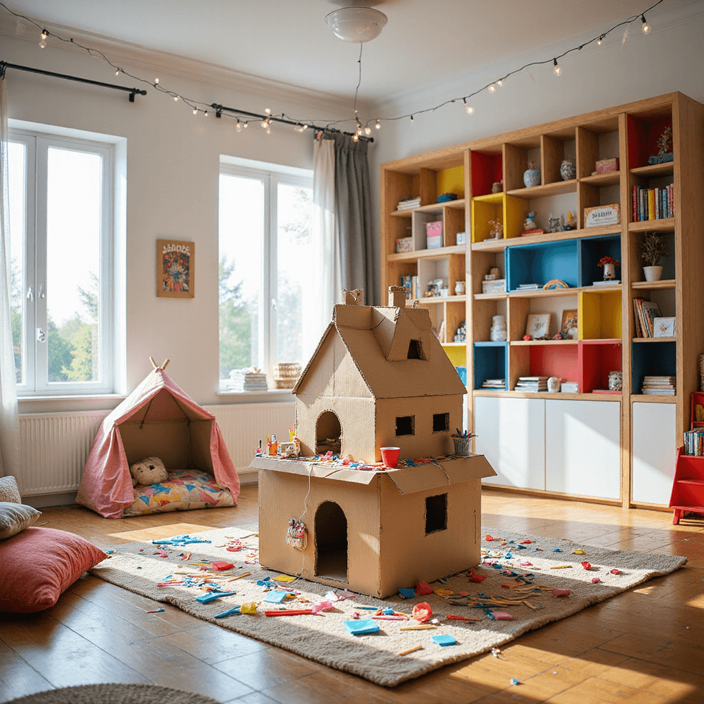 A vibrant children's playroom filled with colorful built-in shelving, a child-sized craft table showcasing a whimsical cardboard dollhouse, and art supplies scattered around. A cozy reading nook with floor cushions and a canopy is nearby, all illuminated by midday sunlight streaming through large windows. Bright primary colors, white walls, and natural wood accents create an energetic atmosphere, enhanced by fairy lights strung across the ceiling.