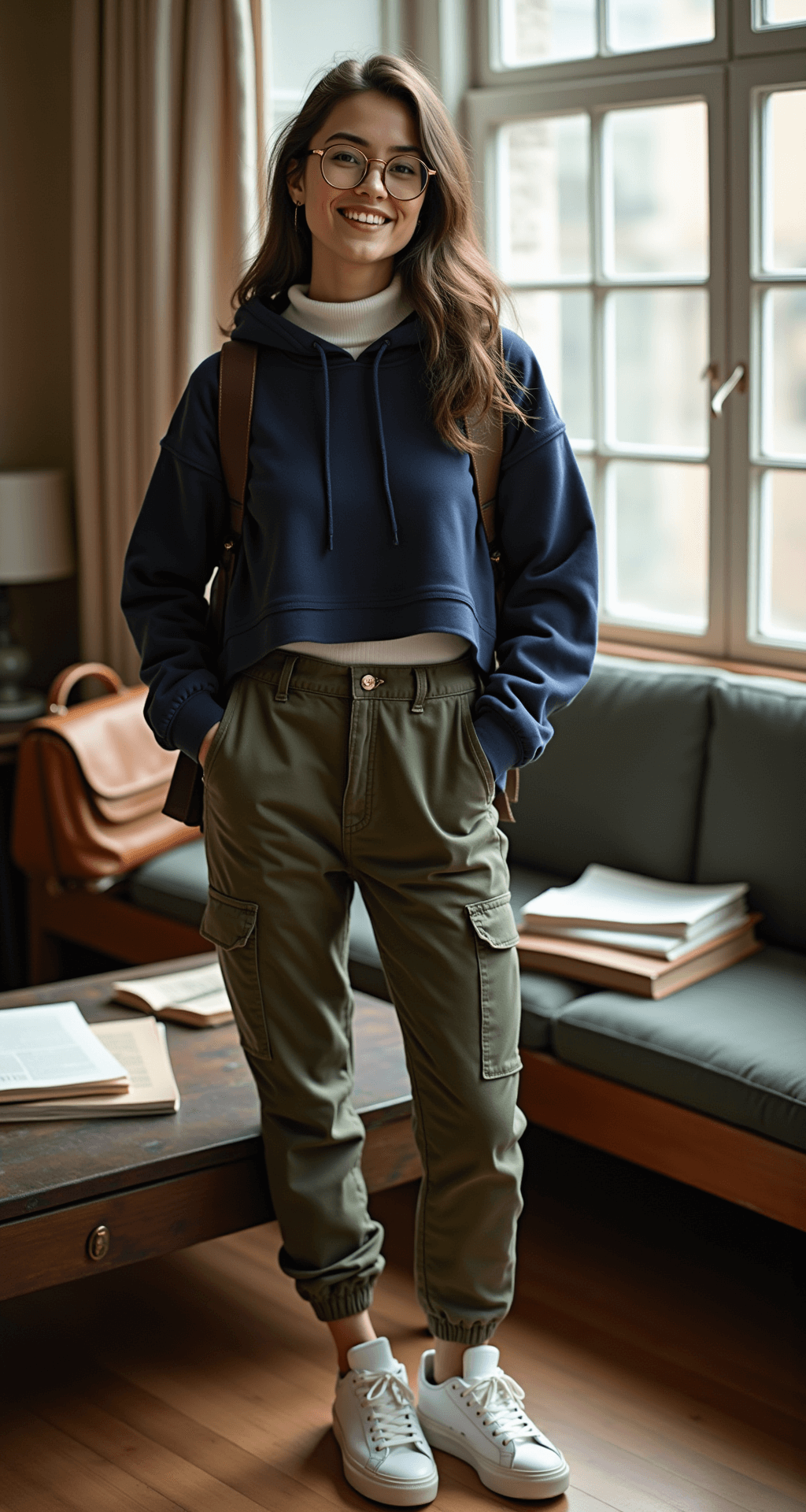 A student in a cozy study lounge wears a cropped navy hoodie over a white turtleneck and olive green cargo pants, seated in soft afternoon light. Textbooks are spread out on comfortable seating, accompanied by a vintage leather backpack and gold-rimmed glasses, captured in an environmental portrait that showcases the entire study setup.