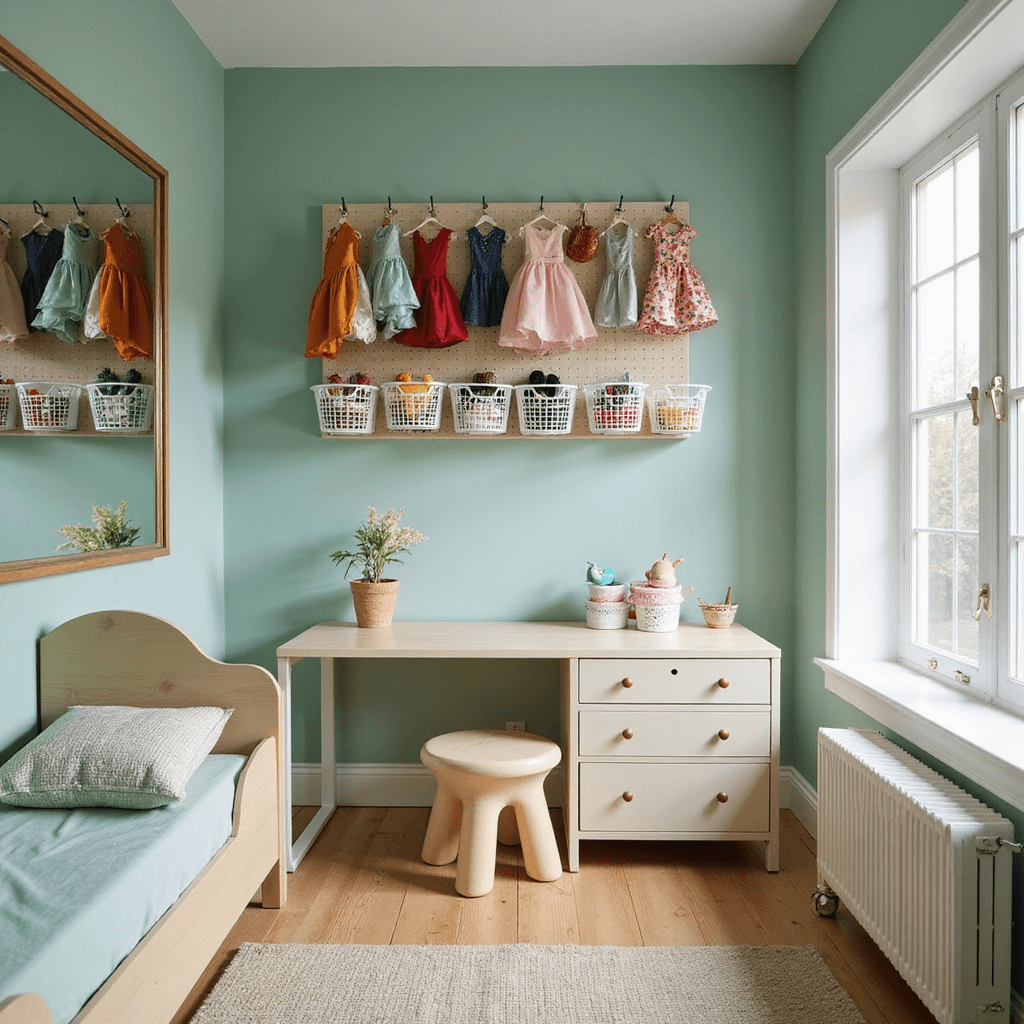 A cozy toddler room featuring a mint green murphy-style desk, dress-up costumes on a pegboard, white metal storage baskets with colorful toys, a convertible pale wooden toddler bed with built-in drawers, and a large mirror reflecting natural light, all illuminated by mid-morning light.