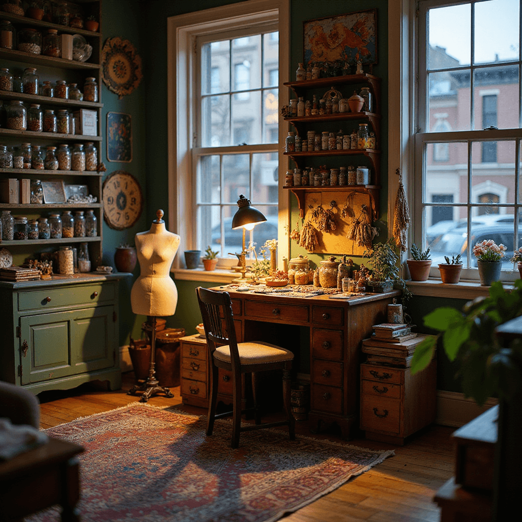 An eclectic home office turned craft space with a vintage desk covered in miniature furniture pieces, warm lamp light illuminating the rich bohemian color scheme of deep teals and burnt oranges, and floor-to-ceiling shelves filled with jars of craft supplies, all set against the backdrop of a bustling city street.
