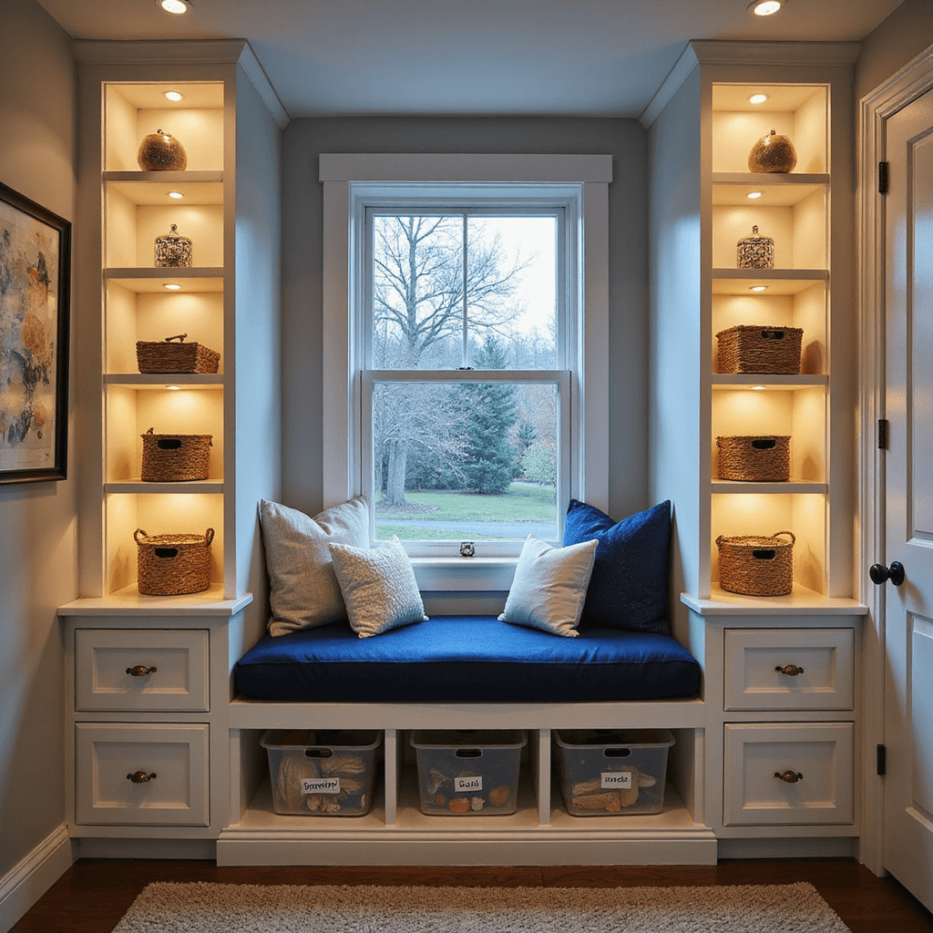 A cozy toddler sanctuary with navy blue cushions on a custom window seat, warm LED lighting, floor-to-ceiling white bookcases filled with woven baskets, and labeled bins under a raised bed, photographed at dusk from a high corner angle.