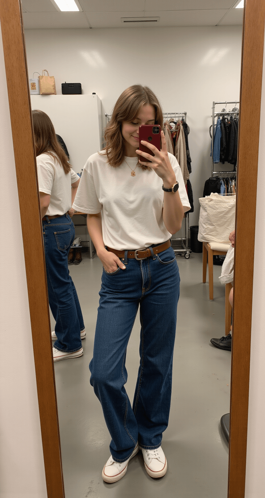 A student in a clean, modern thrift store dressing room tries on vintage Levi's jeans and a tucked-in white t-shirt, accessorized with a thrifted brown leather belt. The mirror reflects multiple angles of the outfit, with warm overhead lighting accentuating the denim's texture. Shopping bags and selected pieces are visible in the background, captured in a professional-quality mirror selfie style.