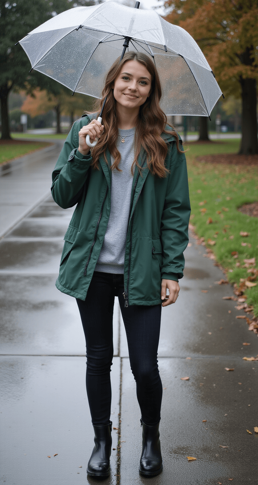 A student dressed in black rain boots, dark skinny jeans, an oversized gray sweatshirt, and a forest green water-resistant jacket stands on a rain-soaked campus walkway under moody overcast lighting. They hold a clear umbrella, and the wet pavement reflects nearby lights, captured in a full-body shot that highlights the outfit's functionality.
