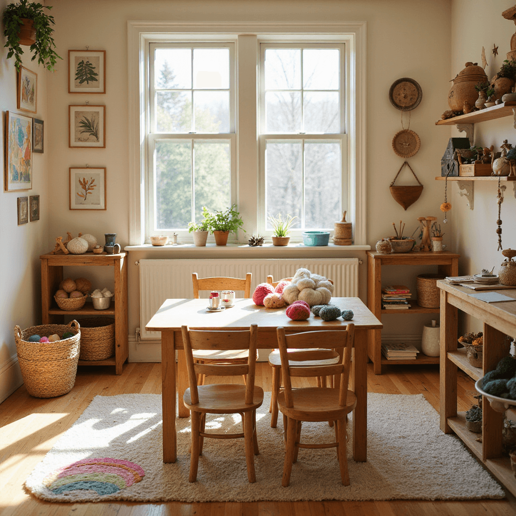 A sunlit Waldorf-inspired children's craft room with a central wooden table, child-sized chairs, and overflowing natural fiber baskets of colorful craft supplies. Shelves display handmade toys and seasonal decor on a nature table. Soft cream walls feature children’s artwork and paper stars, with warm wood tones and muted rainbow accents throughout the inviting space.