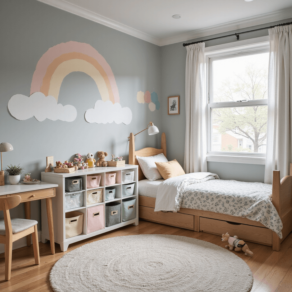A whimsical toddler room featuring a hand-painted pastel rainbow mural, soft grey walls, a modular storage system with colorful fabric bins, and Scandinavian-style furniture, captured in soft morning light at child's eye level.