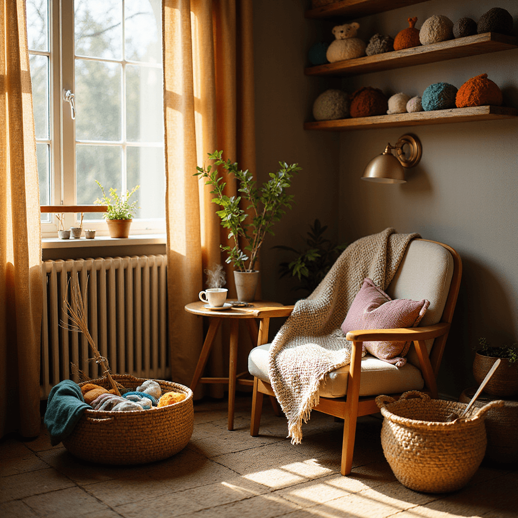 Cozy fiber arts nook in a living room corner, featuring a comfortable armchair, side table with tea, woven basket filled with wool roving, child-sized loom, and shelves of handmade felt creatures, all bathed in golden afternoon light.