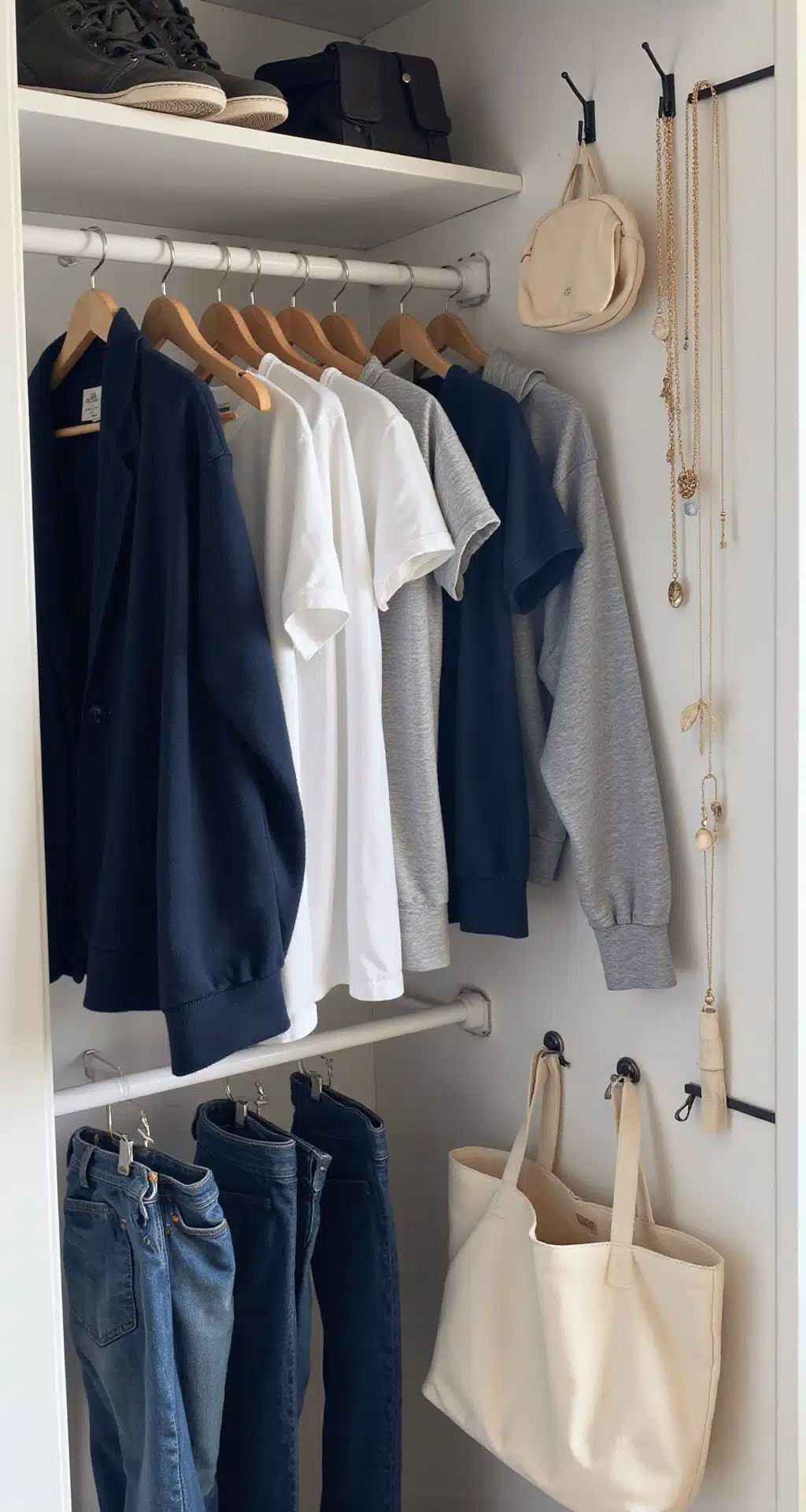 Bright and organized shared dorm closet featuring a mix-and-match wardrobe with a navy cardigan, white tees, a gray hoodie, and dark jeans hung neatly. Accessories such as minimalist gold jewelry and canvas tote bags are arranged on door hooks, illuminated by morning light. The image captures a straight-on view, documenting the closet's contents.