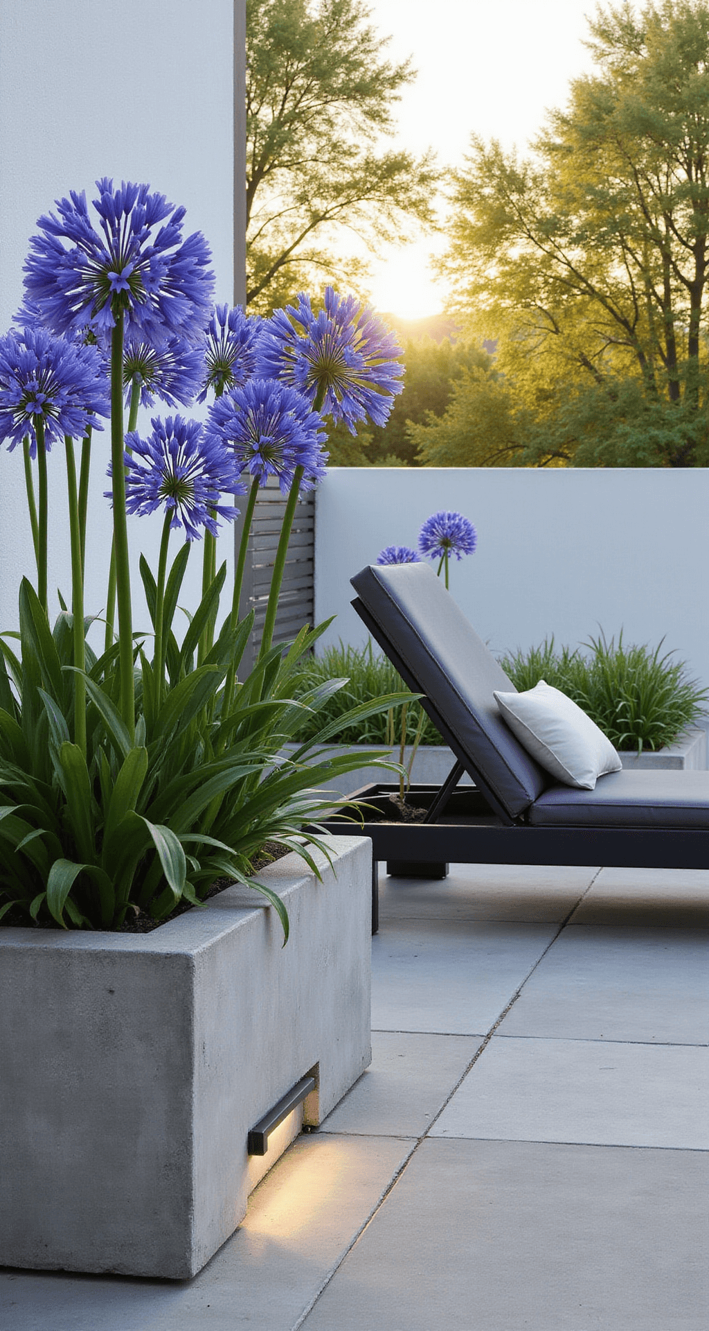 A wide-angle view of a contemporary minimalist garden terrace at golden hour, featuring raised concrete planters with clusters of tall blue Agapanthus against a white stucco wall, modern charcoal loungers, and smooth limestone pavers with long shadows.