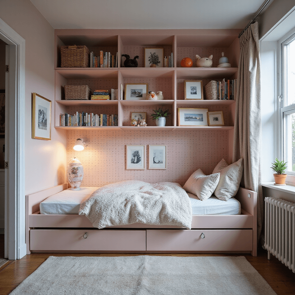 A cozy toddler bedroom measuring 8x12ft, captured during blue hour with soft blush pink pegboard walls displaying books and toys, featuring a multifunctional daybed with trundle storage, and dramatic shadows highlighting architectural details.