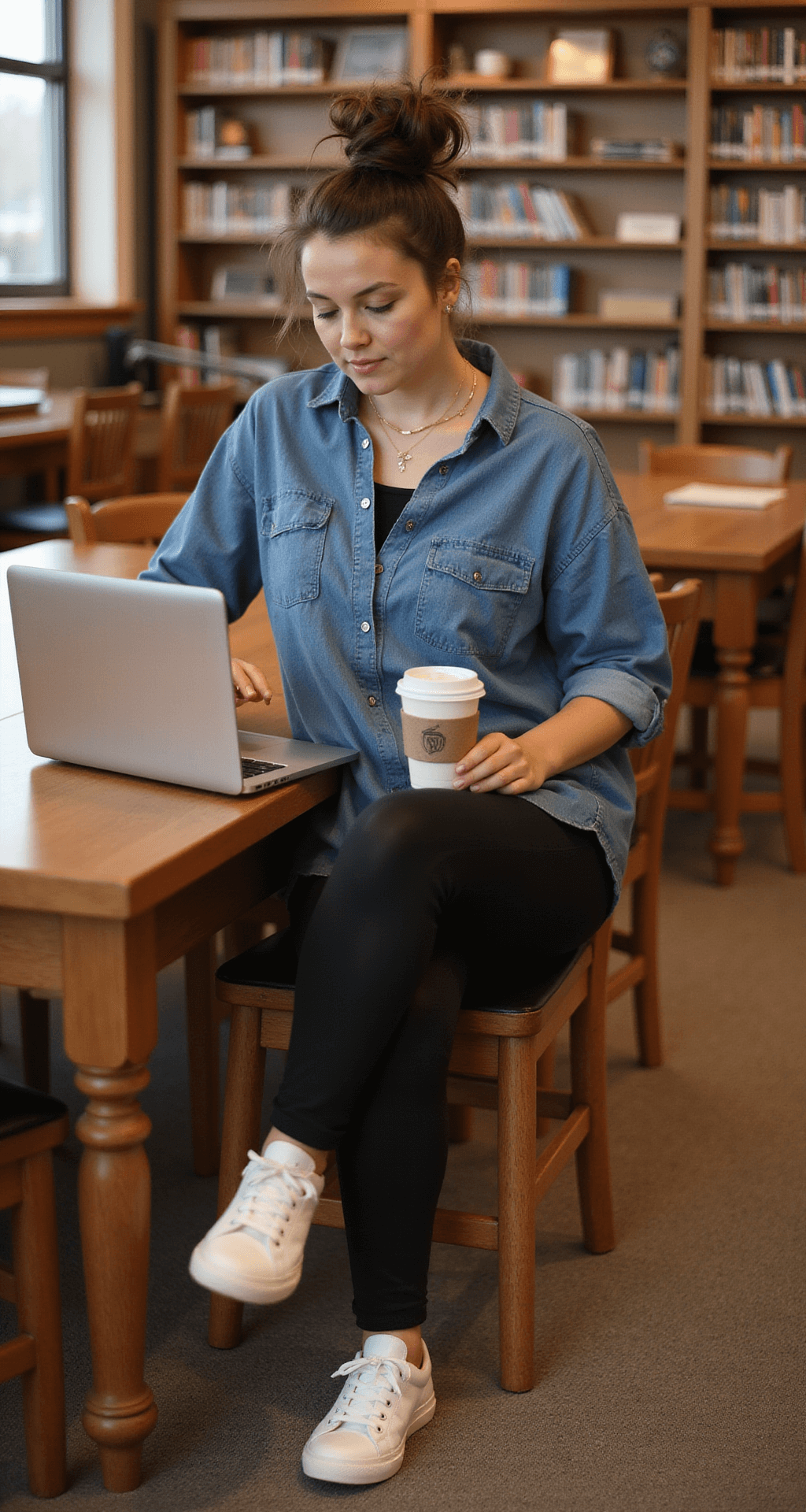 A student in black leggings and an oversized chambray button-up sits at a warm wood table in a campus library study area, working on a laptop with a coffee cup nearby, surrounded by book-lined shelves in soft evening lighting. Her hair is in a messy bun, and she wears a simple gold necklace, captured in a natural study moment.