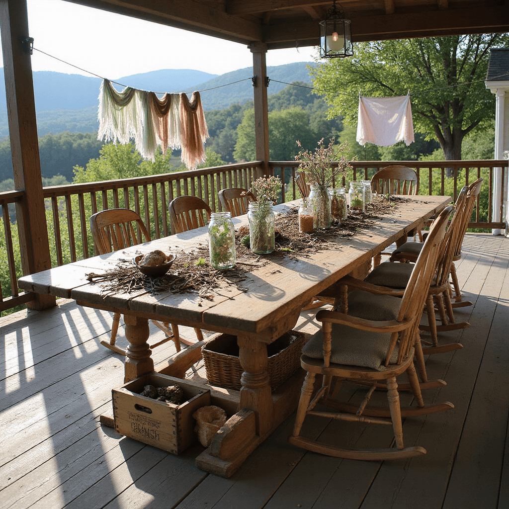 A rustic outdoor crafting space on a wrap-around porch, featuring a long farmhouse table scattered with natural materials like twigs and stones, surrounded by mason jars of wildflowers, wooden crates for supplies, and rocking chairs. A clothesline with drying hand-dyed playsilks in pastel colors is visible against a backdrop of lush greenery and rolling hills, all bathed in soft morning light.