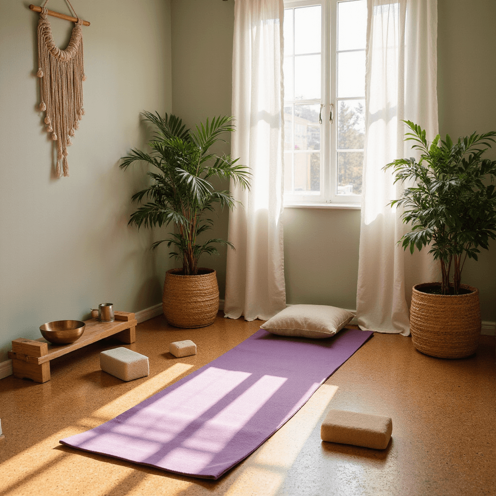 A serene bedroom corner transformed into a yoga sanctuary, featuring a purple Manduka mat on a premium cork floor, bamboo yoga blocks, a meditation cushion, and a brass singing bowl, all bathed in golden hour sunlight filtering through sheer curtains.