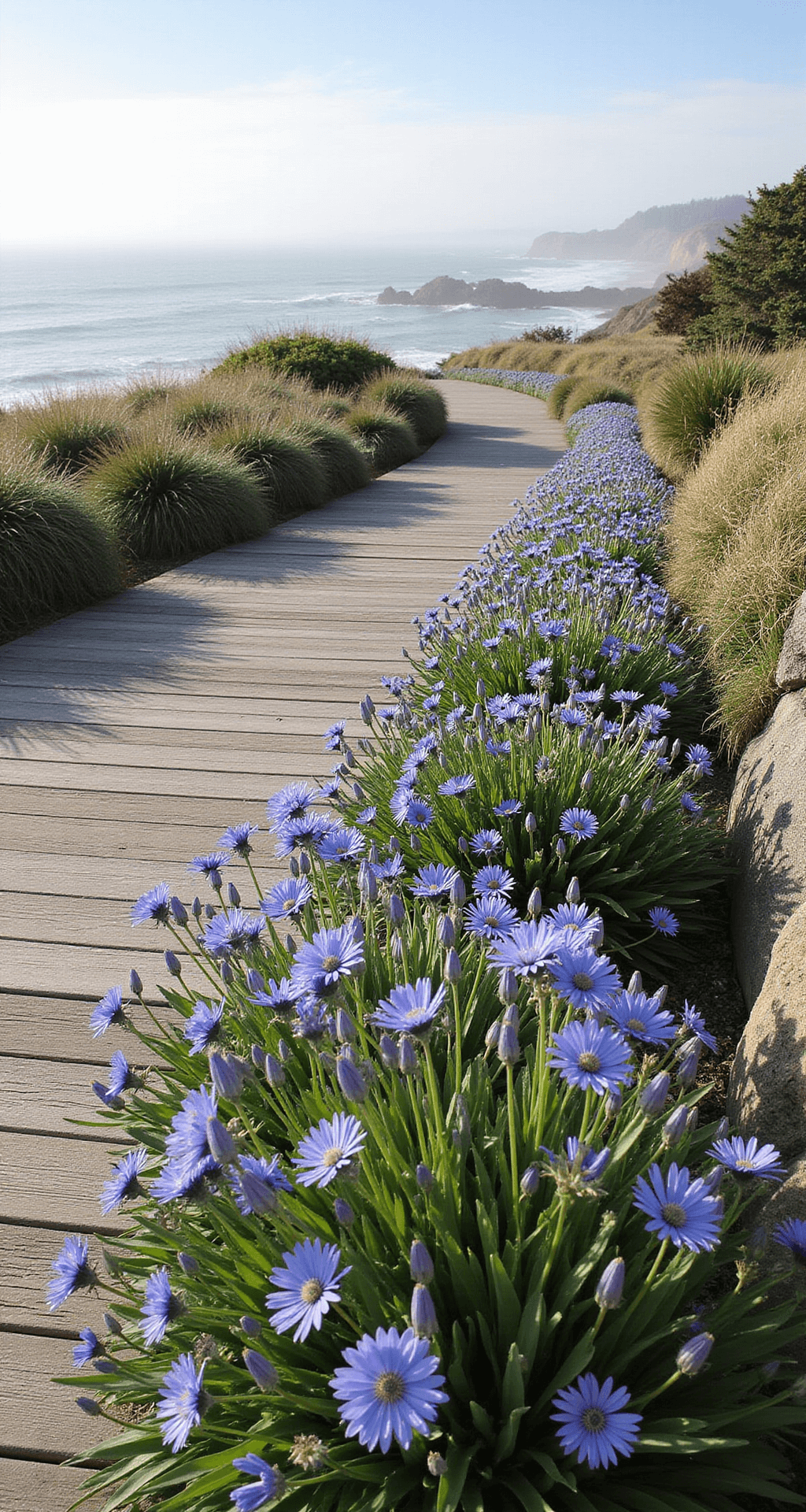 A panoramic view of a coastal garden at midday featuring Ever Sapphire™ agapanthus and ornamental grasses along a 40ft oceanfront border, with a weathered cedar deck and a natural stone wall, captured from an elevated position against the hazy ocean horizon.