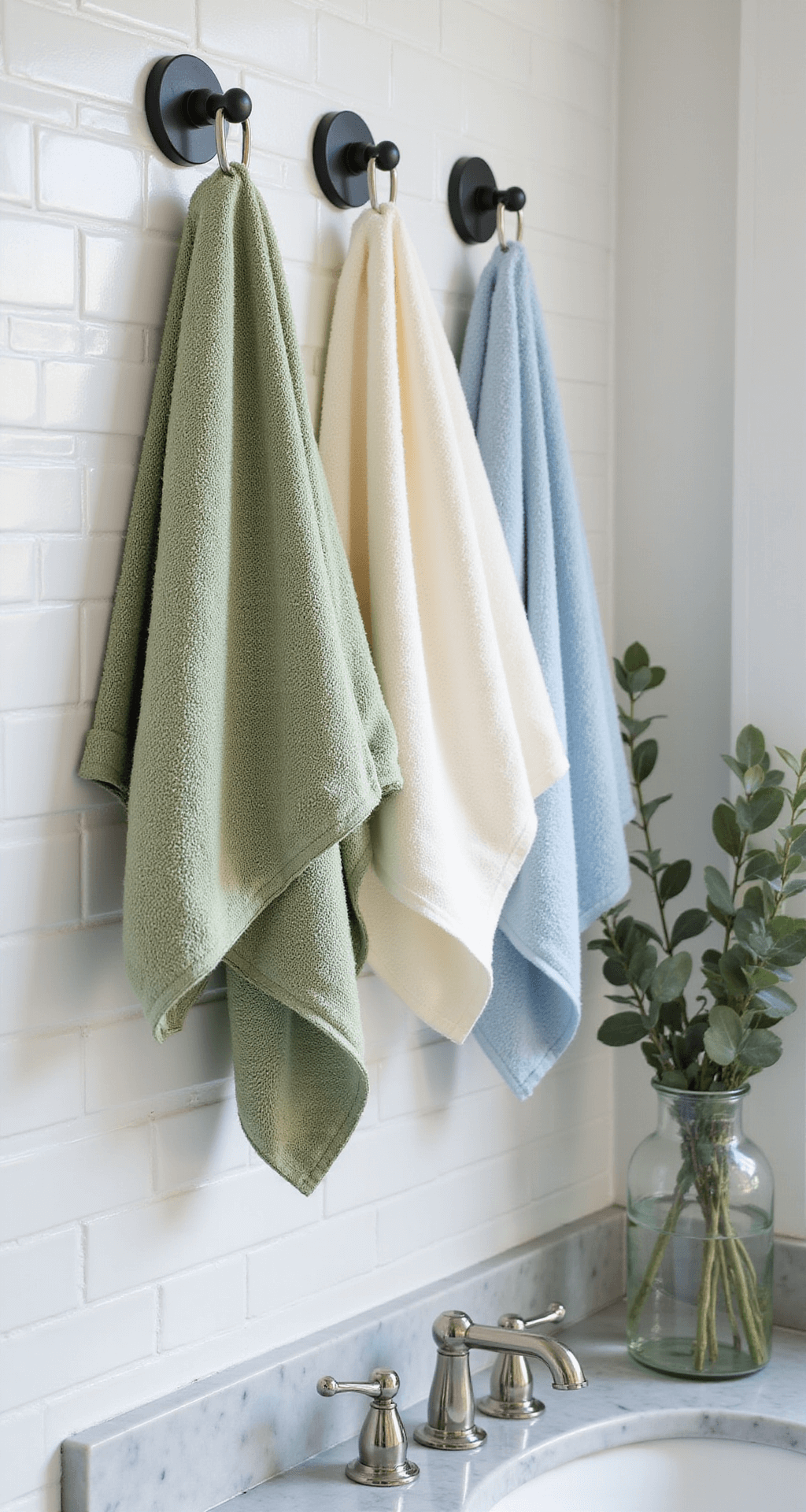 A modern bathroom featuring floor-to-ceiling windows, white subway-tiled walls with vertical matte black towel rings, and three Turkish cotton towels in sage, cream, and dusty blue. A marble vanity displays eucalyptus stems in a clear glass vase, illuminated by natural light reflecting off chrome fixtures. The image is shot from a corner angle, highlighting the towel arrangement with a blurred background.