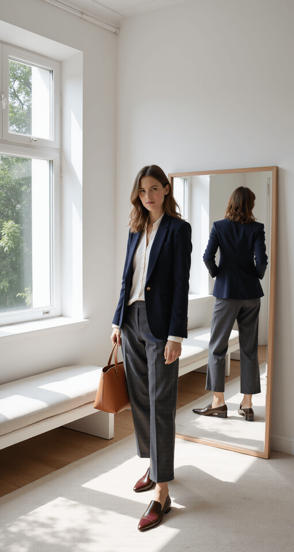 A young professional woman stands in a minimalist home office corner, adjusting a navy blazer over a cream silk blouse in front of a full-length mirror, with natural light highlighting her charcoal wide-leg trousers and nearby accessories.