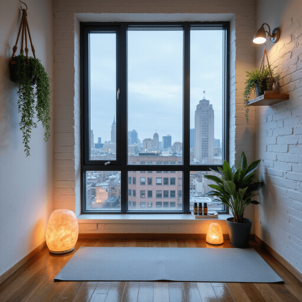 Compact urban apartment alcove with large window showcasing a defocused city skyline at blue hour, featuring a light gray yoga mat on hardwood flooring, framed by warm pools of light from Himalayan salt lamps. Minimalist white shelf displays essential oils and incense, while two Boston ferns hang from macramé. The room features a neutral palette with blush accents, white brick wall, and an adjustable sconce, shot straight-on to highlight vertical space.