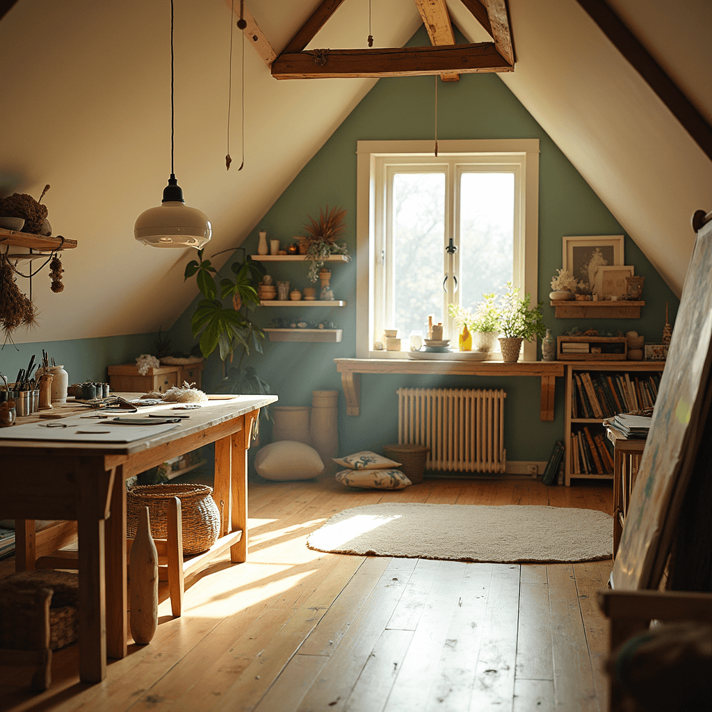 An inviting attic art studio inspired by Waldorf aesthetics, featuring slanted ceilings, dormer windows, and sunlit hardwood floors. A central worktable filled with art supplies, a felting station with colorful wool, and open shelving displaying handcrafted toys and nature items. A cozy reading nook with floor cushions sits in one corner, all captured in soft, muted tones with a dreamy bokeh effect.